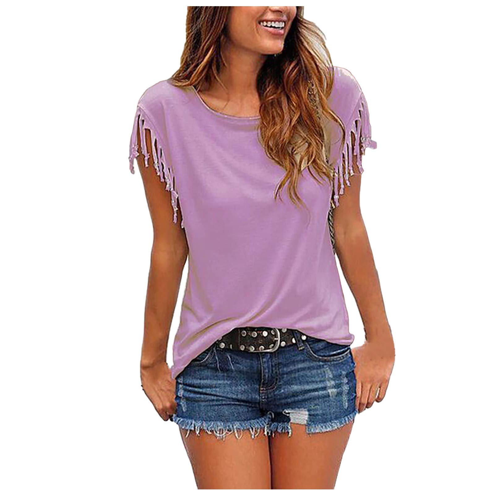 Women's Casual Short Sleeve T-Shirts - Loose Fit Crewneck Blouse with Tassel Sleeves - Solid Color Summer Tops for Everyday Wear, Outings & Office Outfits