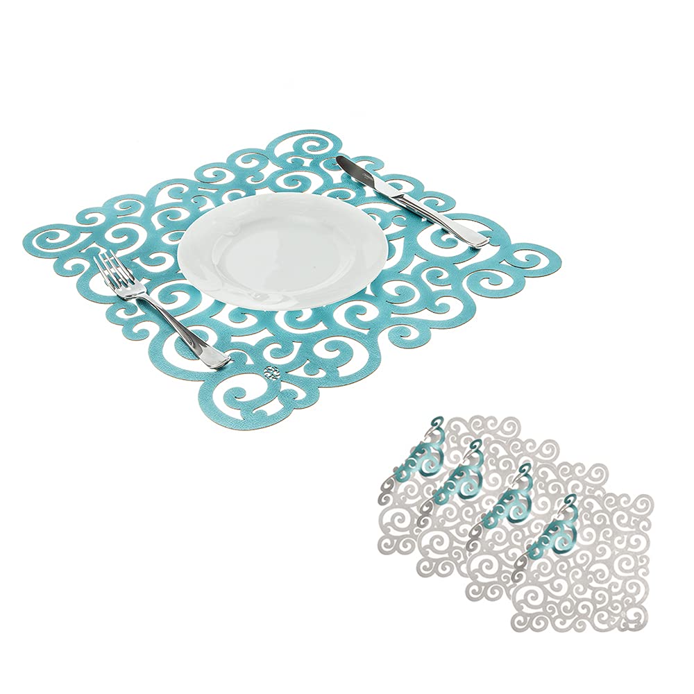 Mijal Gleiser Double Sided Laser Cut Heat Resistant Non-Slip Placemats Set of 4 - Stain Proof Table Mats for Dining, Kitchen & Office (Sea Snail Collection Silver-Turquoise) | Elegant Table Setting & Home Decor