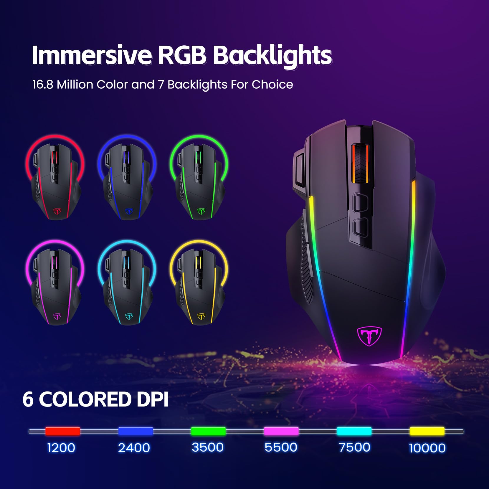 Wireless Gaming Mouse - Triple Mode 2.4G/USB-C/Bluetooth, 10000DPI Adjustable, RGB Backlit, Ergonomic Design with 8 Programmable Buttons, Rechargeable for PC, Mac, Laptop (Black) | Perfect for FPS, MOBA Gaming & Office Work