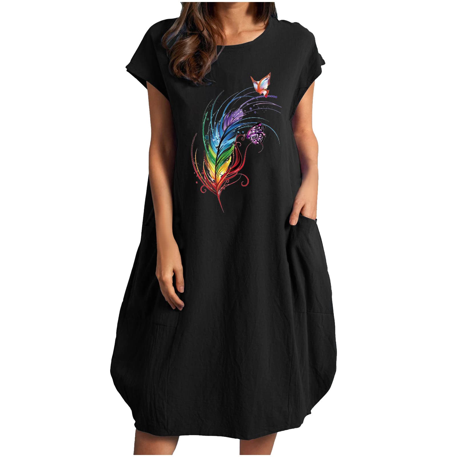 **TIFZHADIAO Women's Plus Size Summer Dress - Cotton Linen Short Sleeve Midi Sundress, Casual Loose Beach Dress with Pockets | Perfect for Vacation, Outdoor Picnics & Daily Wear**
