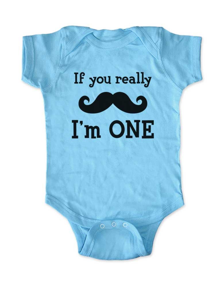 Mustache Baby Onesie - Cute Infant Bodysuit (White & Light Blue, 12 Months) | Perfect for Photo Shoots, Birthdays & Everyday Wear
