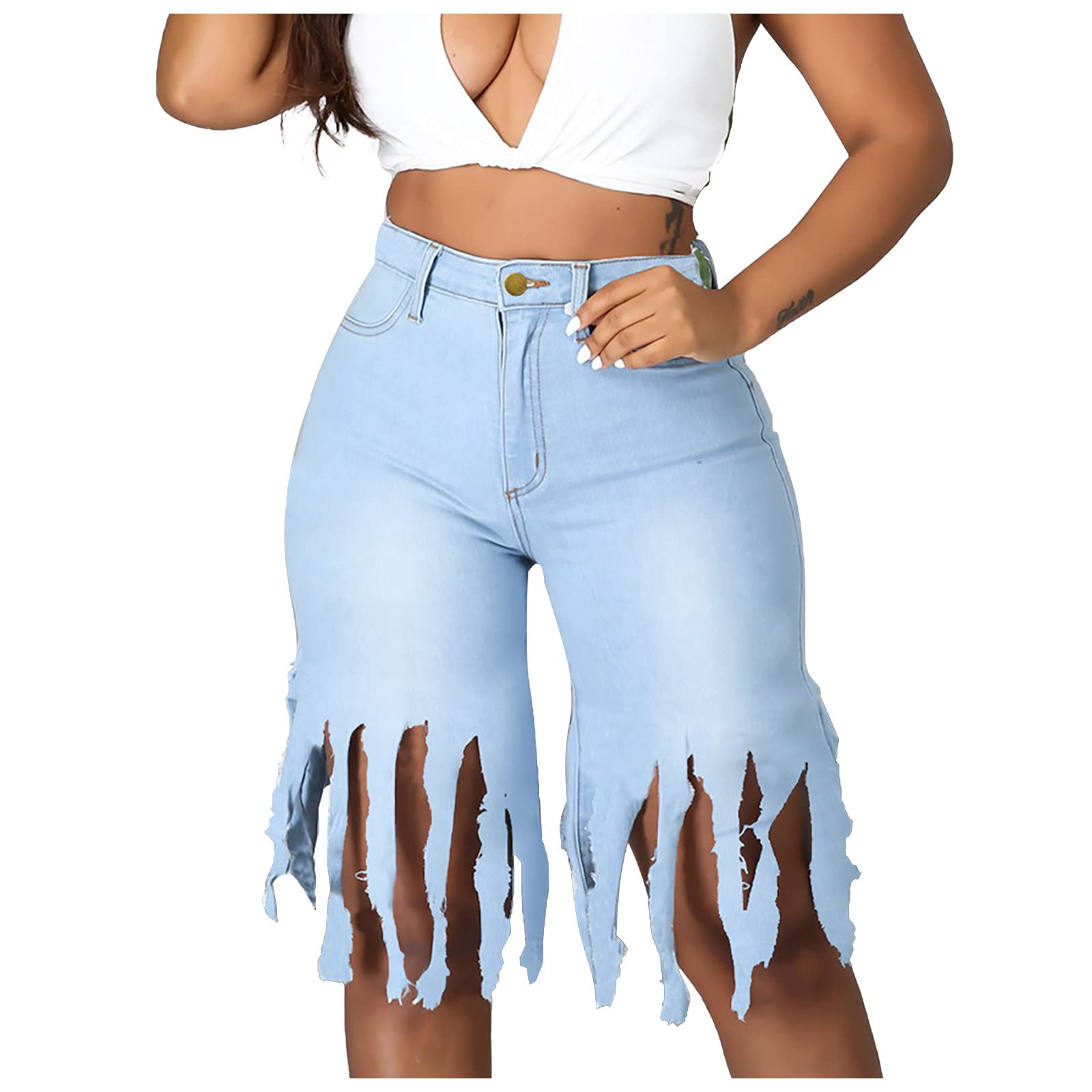 AAZJSS Plus Size Distressed Denim Shorts for Women - Stretchy High Waisted Jean Shorts with Pockets | Casual Summer Outfits, Beach Wear & Street Style Fashion