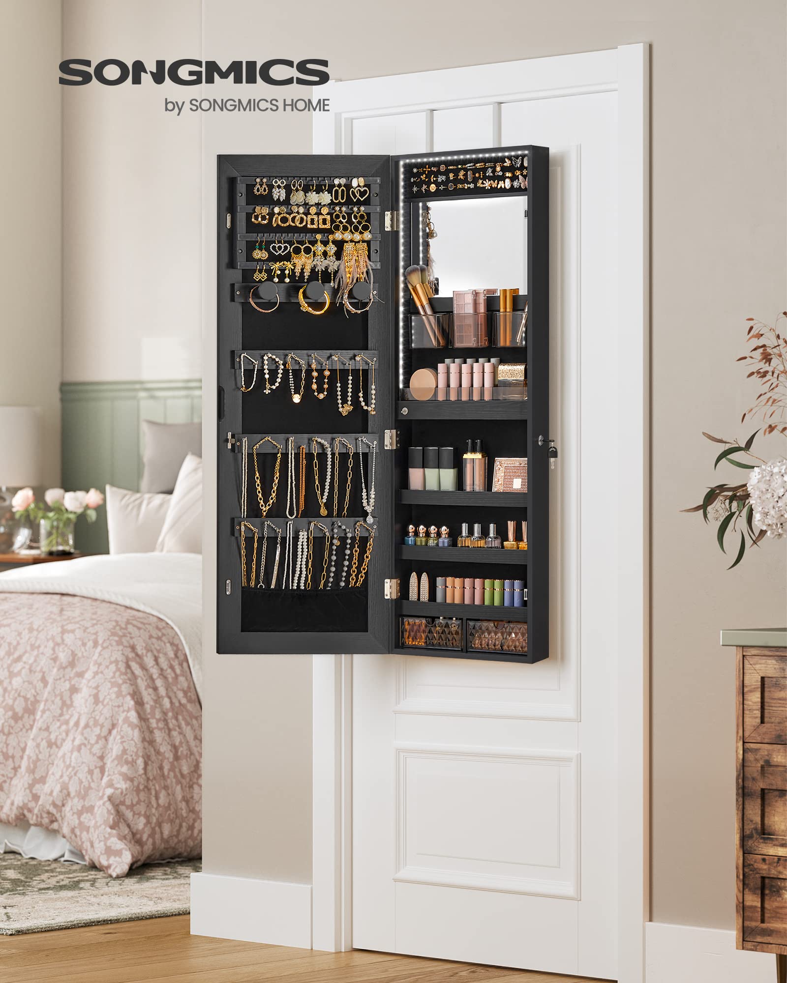 SONGMICS Jewelry Cabinet Armoire Organizer with LED Lights - Wall Mounted Storage with Full-Length Mirror, Built-in Makeup Mirror, 2 Lockable Drawers for Bedroom, Bathroom, Closet - Black UJJC013B01 | Jewelry Storage & Vanity Organizer for Women