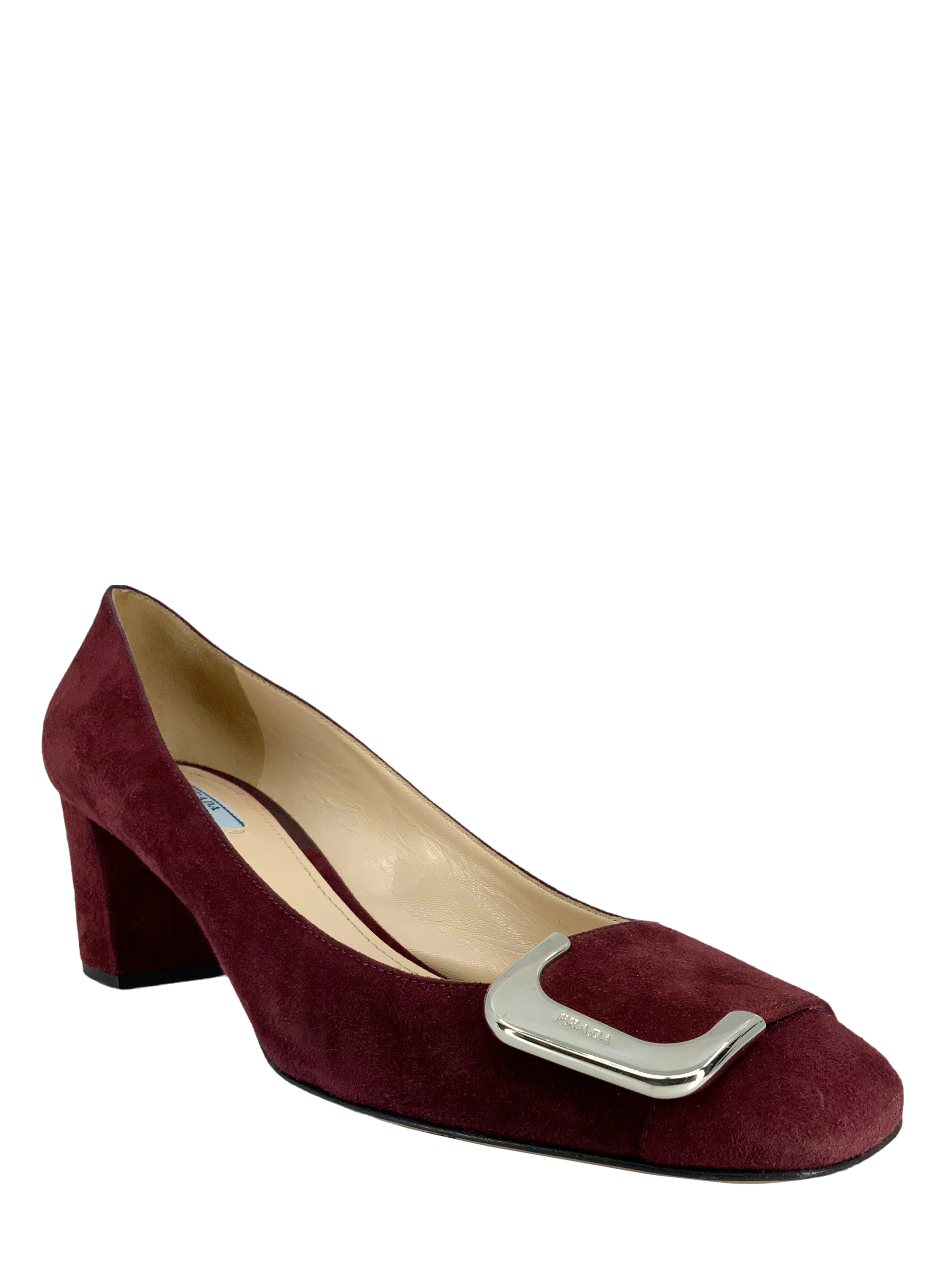 Prada Suede Logo Buckle Square Toe Pump Women's Heels Size 10 - Perfect for Office, Party & Formal Events