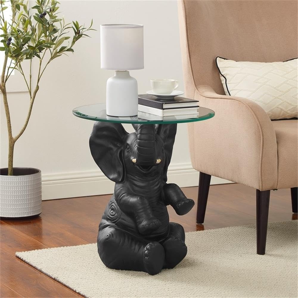 Pemberly Row Transitional Elephant Glass Top Accent Table - Dark Gray End Table for Living Room, Bedroom & Office Decor