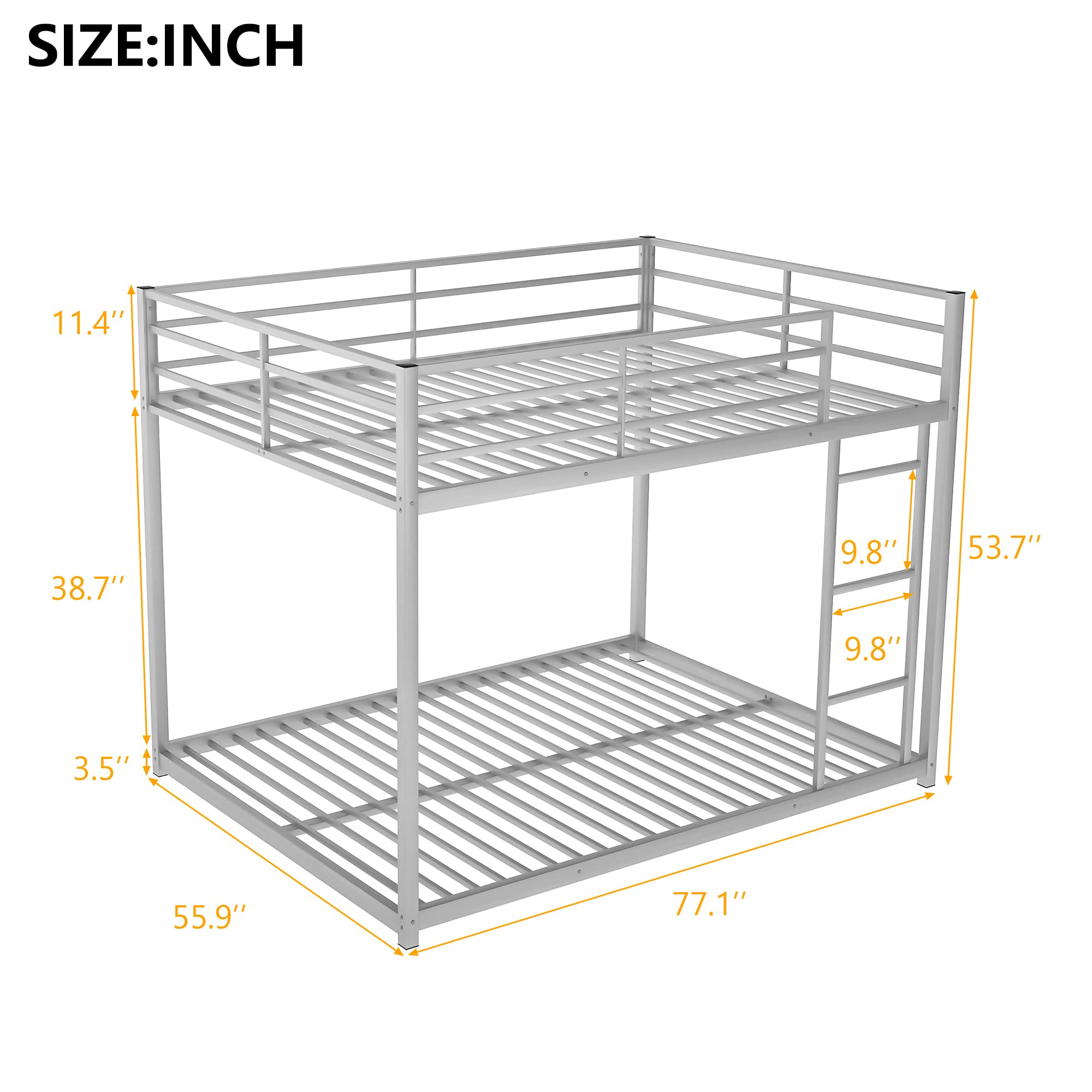Full Over Full Metal Bunk Bed - Heavy Duty Low Profile Bunk Bed with Safety Guard Rails & Ladder for Kids, Teens & Adults - No Box Spring Needed (Silver) - Perfect for Small Bedrooms, Dorms & Guest Rooms