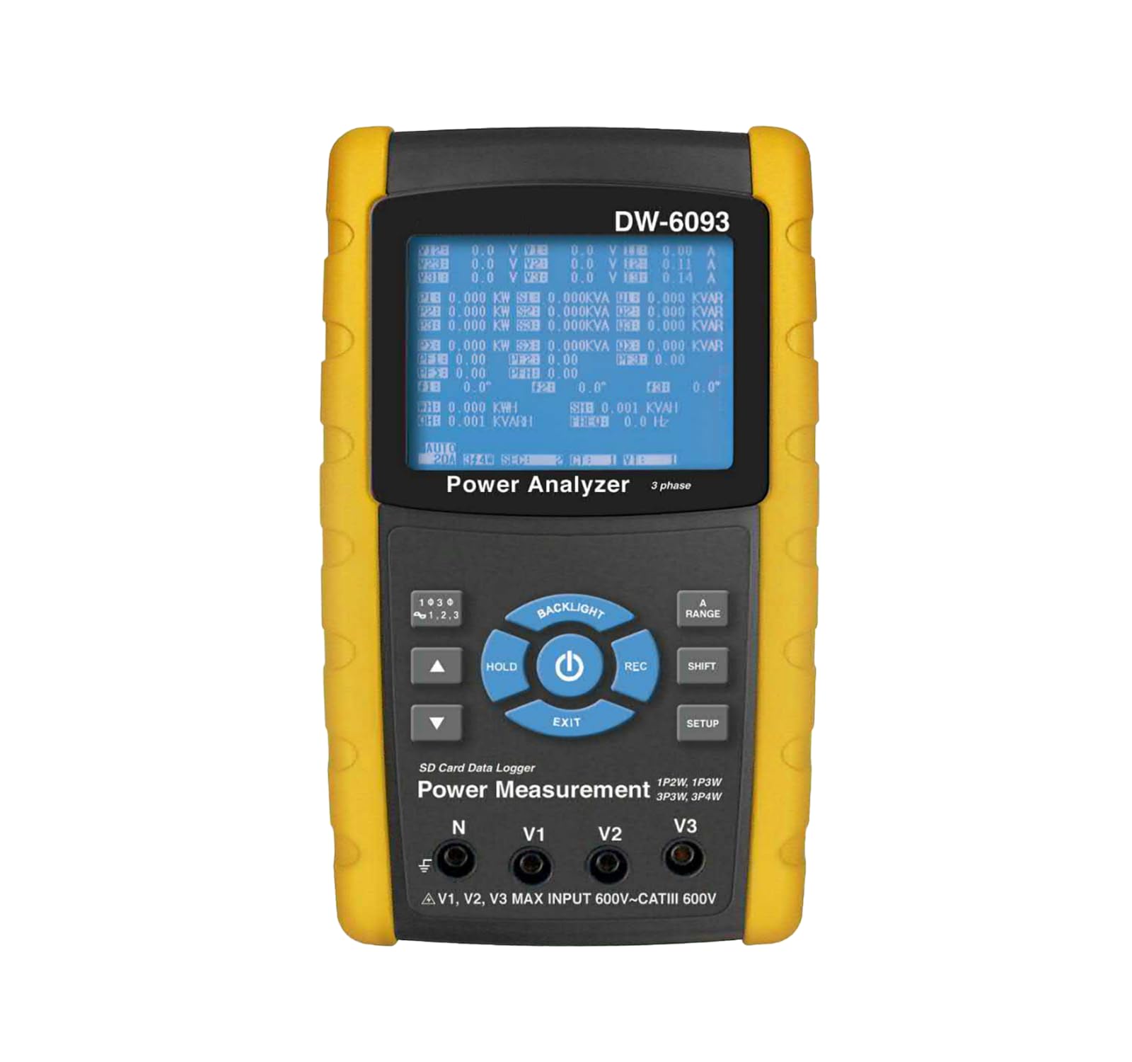 DW-6093 3 Phase Power Analyzer Meter Tester - Real-Time Data Logger with 3 CP-1201 Current Probes (20A/200A/1200A) | 1P/2W, 1P/3W, 3P/3W, 3P/4W | Ideal for Industrial Power Monitoring, Electrical Testing & Energy Management