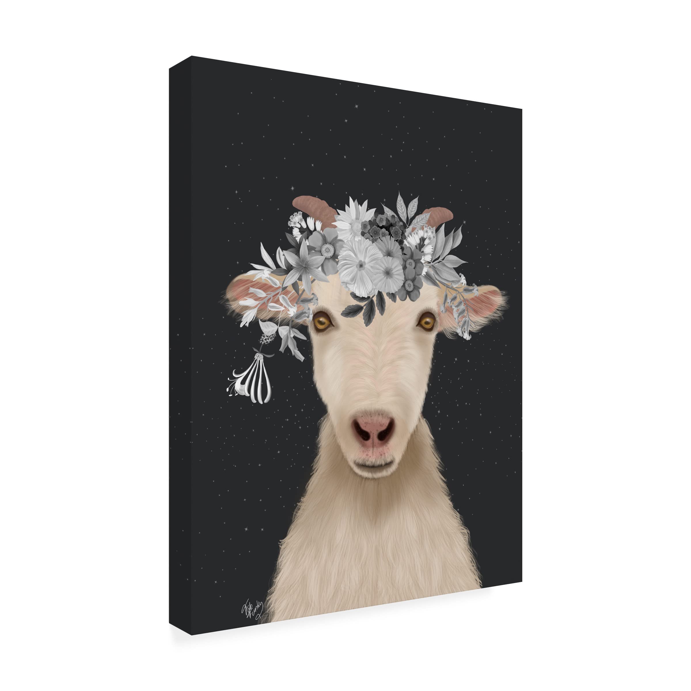 Fab Funky 'Goat 1 White Flowers' Canvas Wall Art Print - Modern Home Decor for Living Room, Bedroom & Office - Handmade Floral Animal Painting