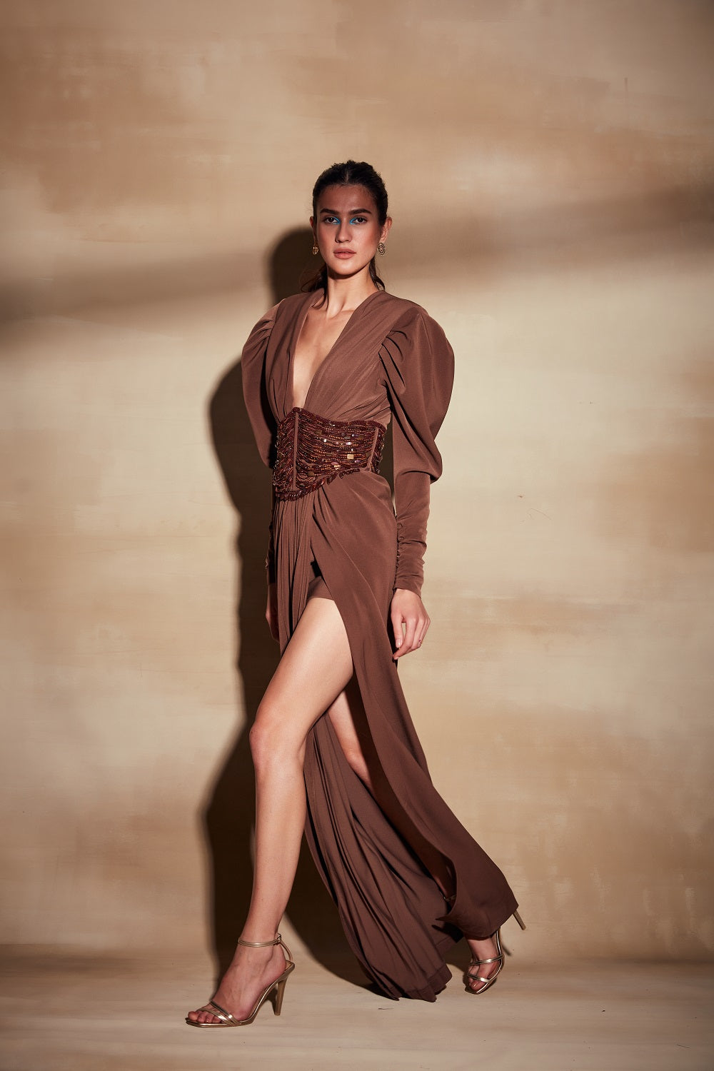 Elegant Dark Tan Dress with High Slit - Perfect for Evening Parties, Date Nights & Special Occasions