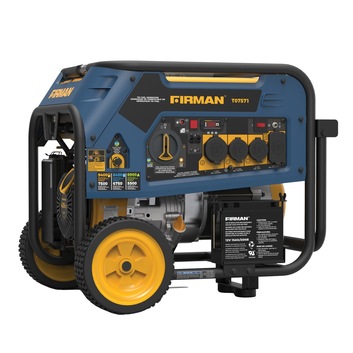 Firman T07571F 7500W/9400W Tri-Fuel Portable Generator with Electric Start - Runs on Gas, Propane & Natural Gas - Ideal for Home Backup Power, Camping & Emergency Use