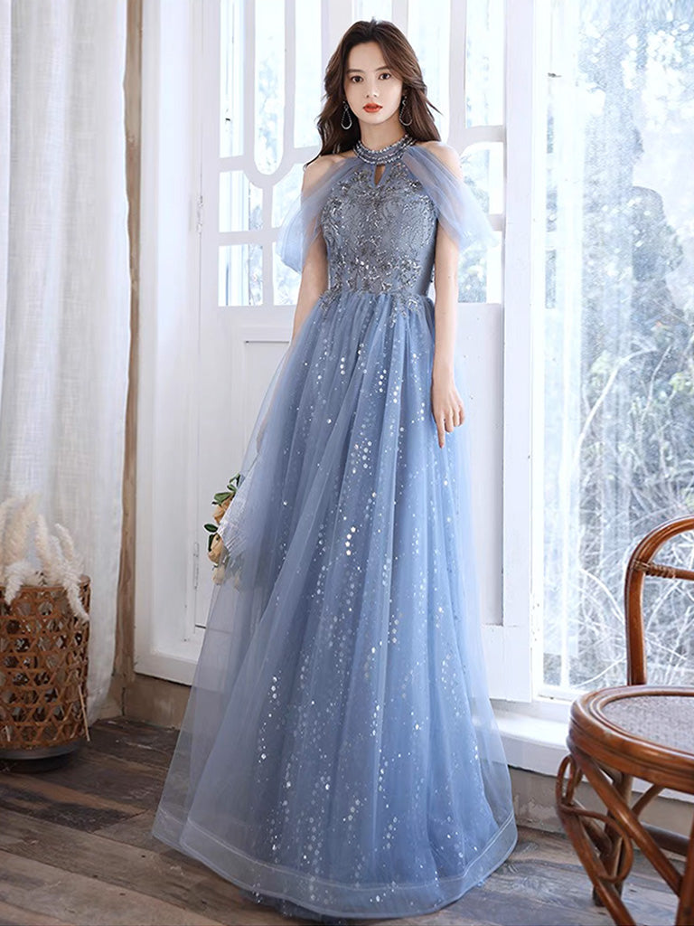 Elegant Off-Shoulder A-Line Tulle Prom Dress in Blue with Lace Details - Perfect for Formal Dances, Weddings & Special Occasions