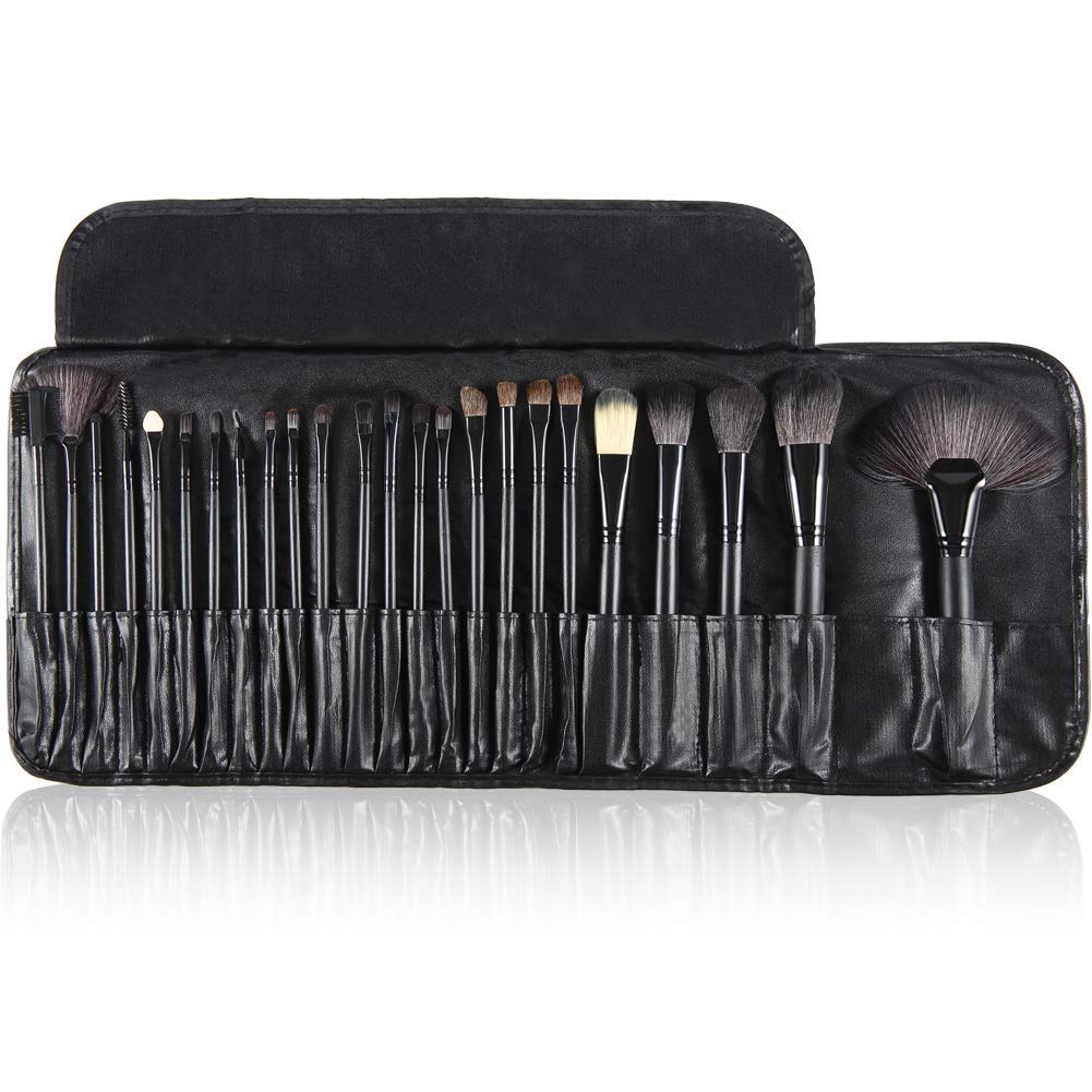 Premium 24-Piece MISS & MAM Fiber Bristle Makeup Brush Set with Leather Storage Pouch - Professional Cosmetic Brushes for Foundation, Blending, Contouring - Perfect for Travel & Home Makeup Kits