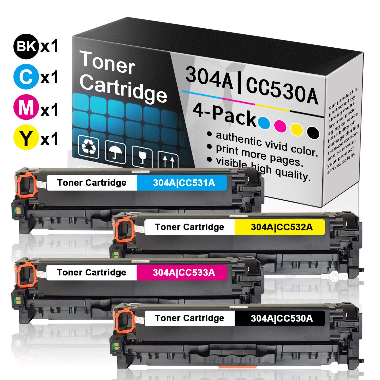 4-Pack (1BK+1C+1M+1Y) Remanufactured HP 304A Compatible Toner Cartridge Replacement for CC530A CC531A CC532A CC533A - Works with HP Color LaserJet CP2025, CP2025dn, CM2320n MFP, CM2320fxi MFP Printers - Ideal for Office & Home Printing Needs
