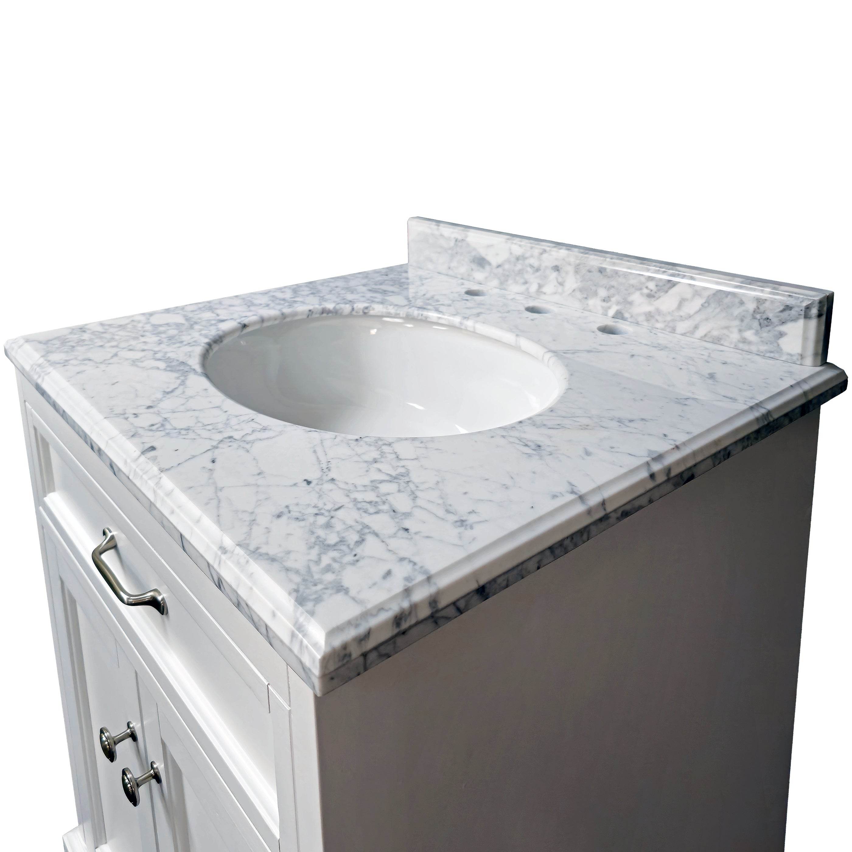 White Bathroom Vanity with Solid Wood Frame & Carrara Marble Top - 3 Size Options for Modern Bathroom Decor | Perfect for Master Bath, Guest Bath & Small Space Remodeling