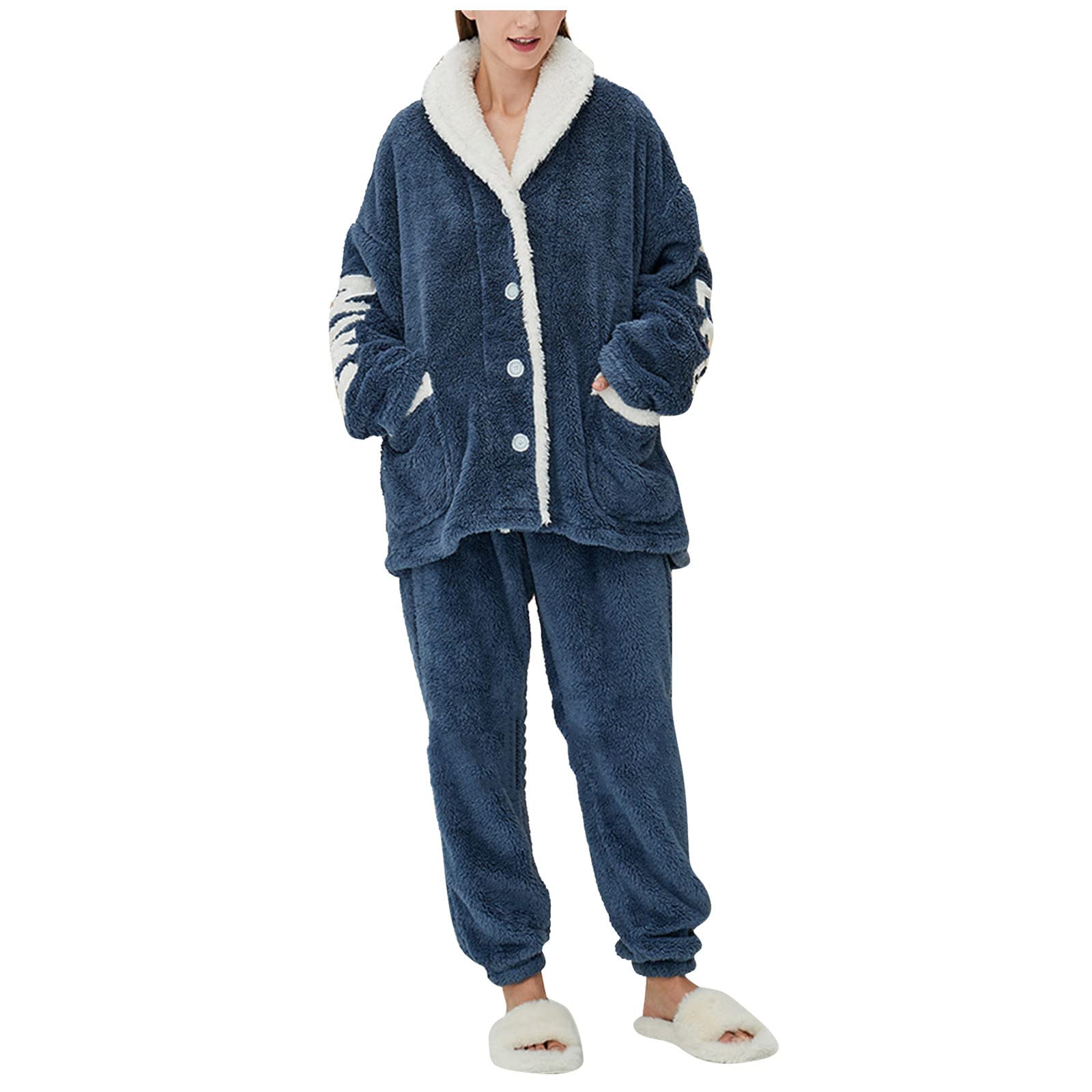 Girls' Cozy Slippers Size 4 & Matching Family Pajama Sets - Long Sleeve Button-Up Blouse & Pants for Women & Men | Perfect for Autumn Winter Comfort at Home