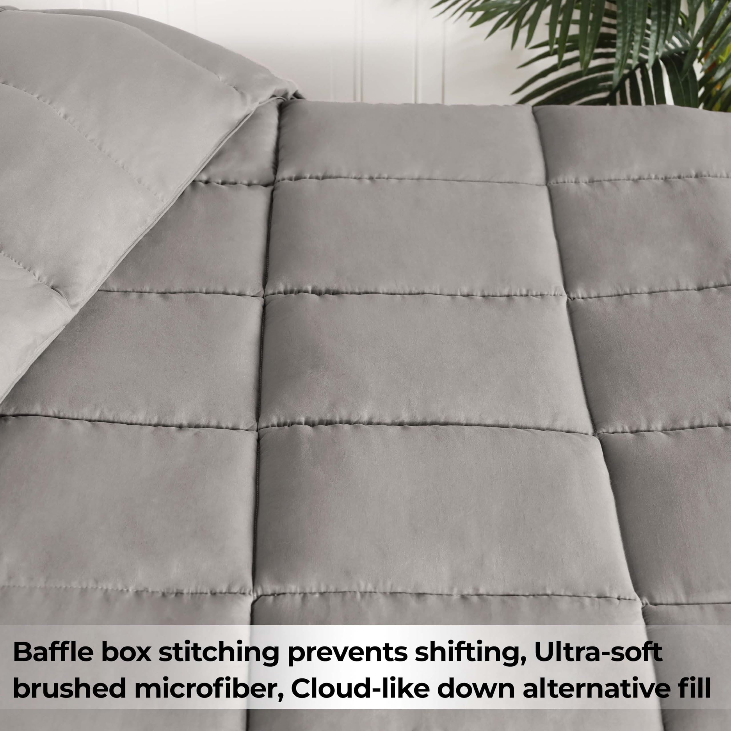 Premium Brushed Microfiber Solid Comforter - Down Alternative Bedding Set, Reversible Medium Weight Fluffy Duvet Insert with Box Quilt Design, Oversized King Blanket in Silver - Perfect for Cozy Bedrooms, Guest Rooms & Luxury Hotel Style Decor