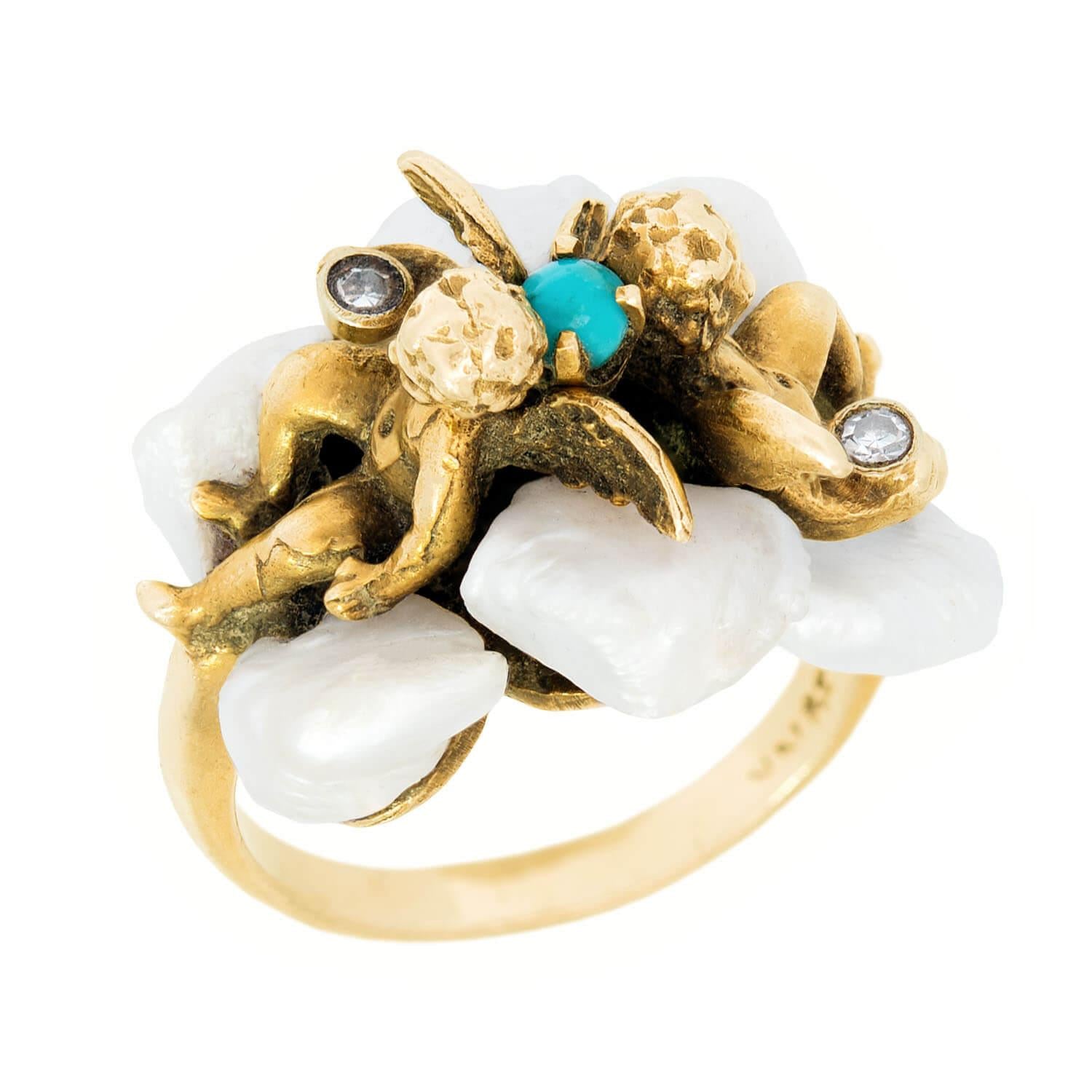 14K Gold Vintage Turquoise Diamond Pearl Angel Cherub Ring - Elegant Jewelry for Women, Perfect Gift for Valentine's Day, Anniversary & Special Occasions