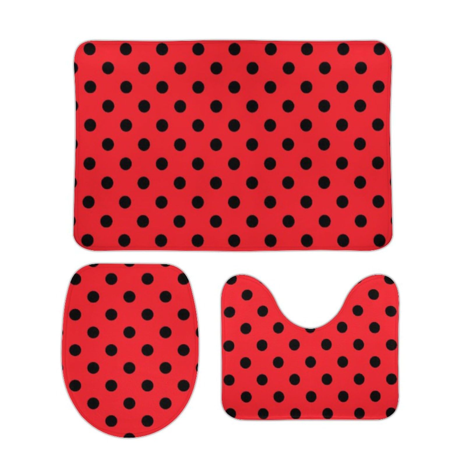 3-Piece Ultra Soft Non-Slip Bathroom Rug Set - Absorbent Red Black Polka Dot Bath Mats with U-Shaped Contour Rug & Toilet Lid Cover - Perfect for Bathroom Safety and Decor