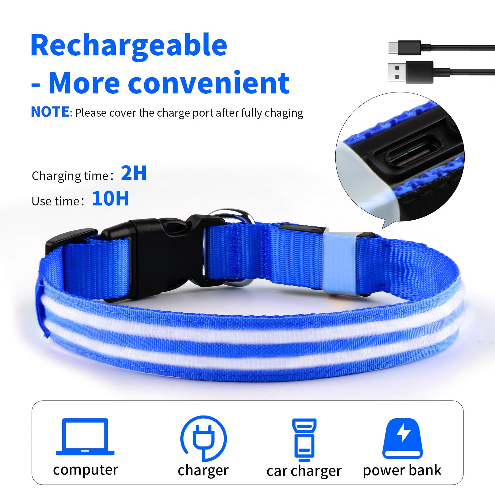 Rechargeable LED Dog Collar - Waterproof Flashing Safety Collar with Glow in The Dark Light for Small Medium Large Dogs | Night Walking, Jogging, Camping & Outdoor Activities