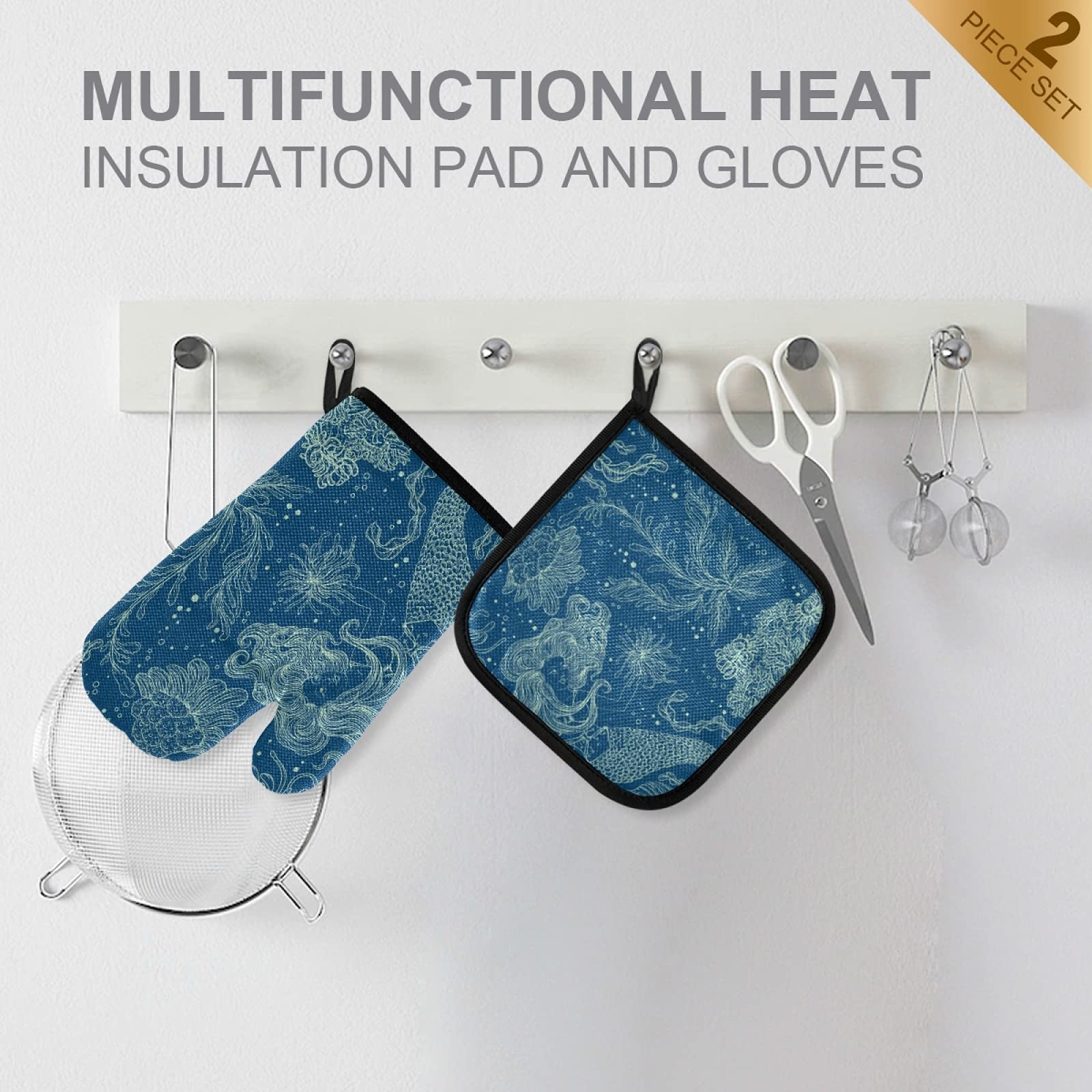 QUGRL Retro Mermaid Coral Oven Mitts & Pot Holders Set - Heat Resistant Kitchen Gloves for Baking, Cooking & BBQ - Underwater Theme Hot Pads for Safe Cookware Handling - Perfect for Beach House Kitchens & Mermaid-Themed Parties
