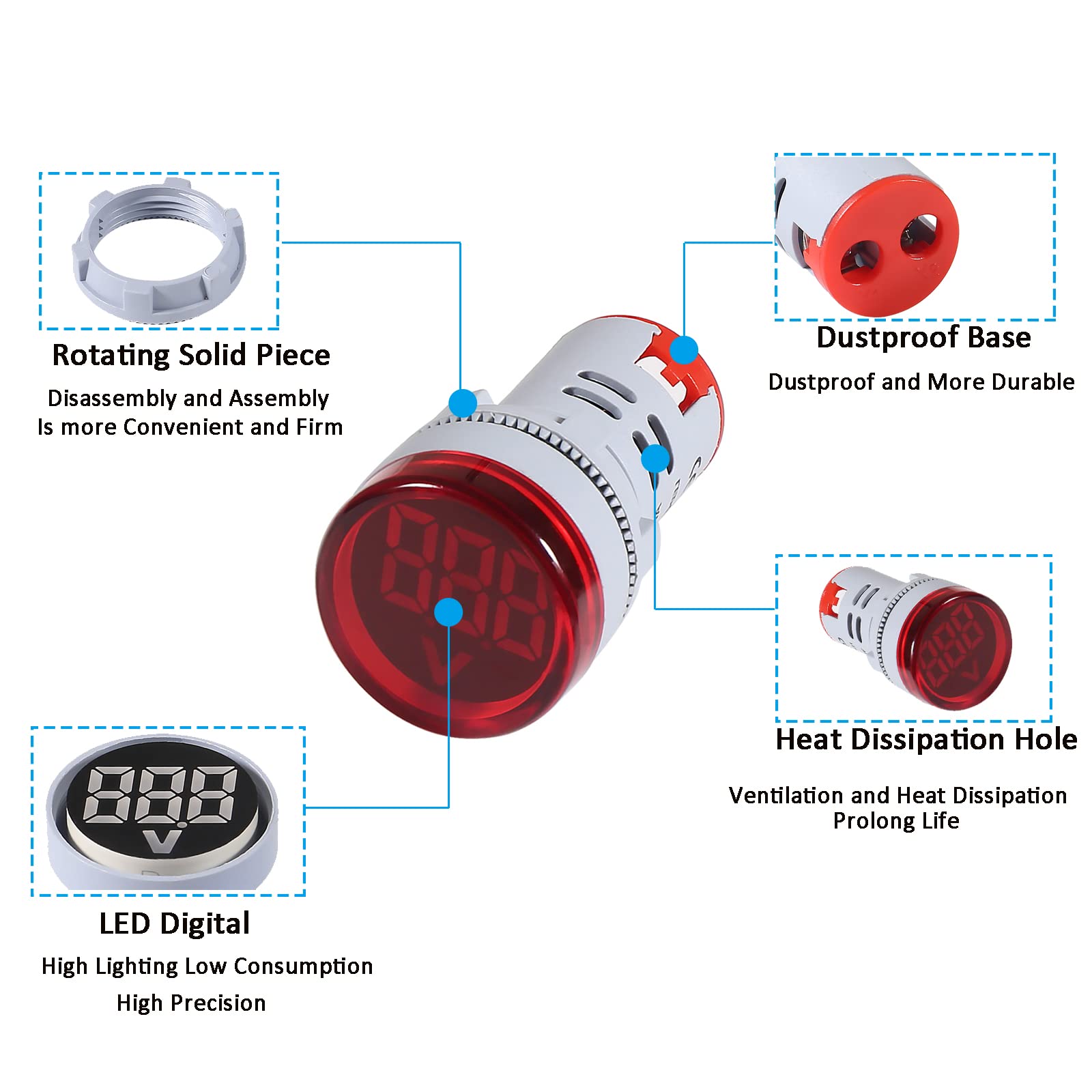 5pcs LED Voltage Meter Indicator AC 60-500V Digital Display Voltmeter with Signal Light - Round Lamp Tester for Home, Car, and Electrical DIY Projects