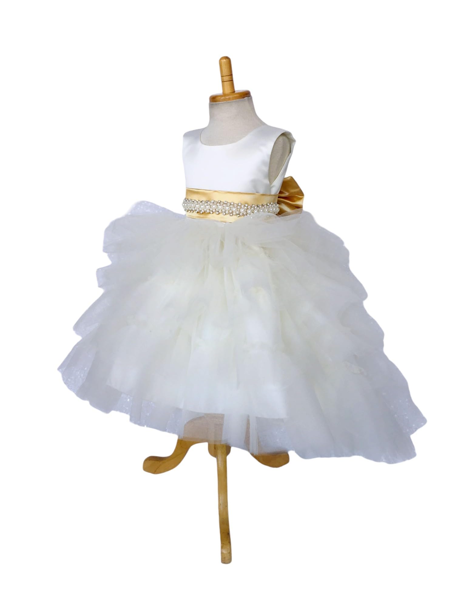 Ivory Sleeveless High-Low Tulle Flower Girl Dress with Ruffle Trim - Wedding, Birthday Party Gown for Kids (Size 16, Includes Gold Accessories) | Perfect for Flower Girls, Pageants, and Special Occasions