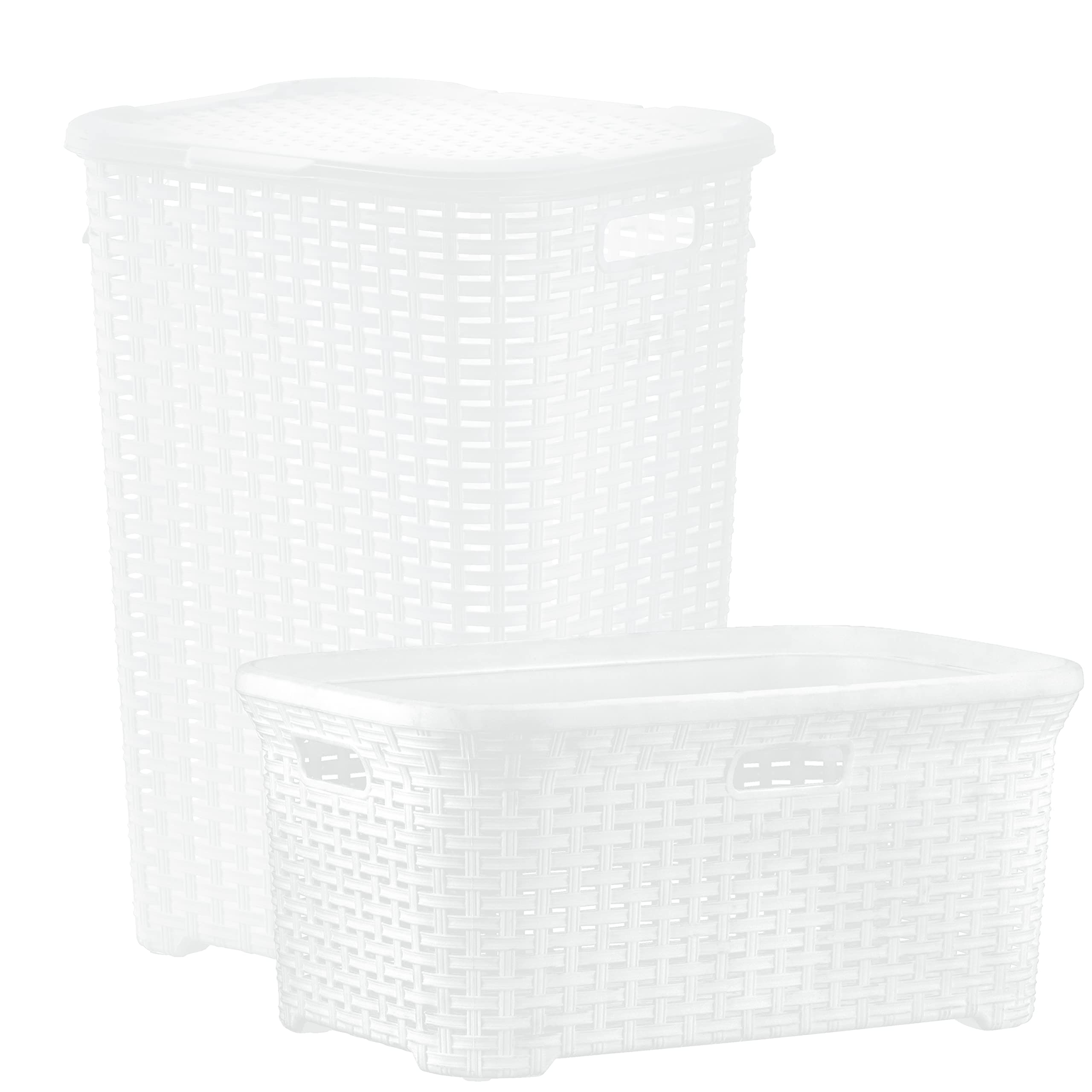 Premium Rattan Laundry Hamper and Basket Set - Wicker Style with White Base & Black Trim - Perfect for Bedroom, Bathroom, and Closet Organization