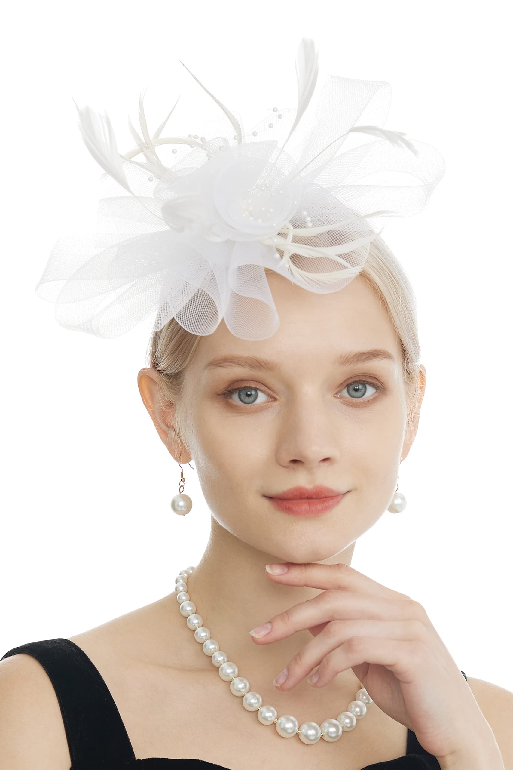Myjoyday Women's Elegant Feather Fascinator Hat with Veil Headband & Hair Clip - Perfect for Tea Parties, Church Events, Cocktail Dinners, Weddings and Special Occasions