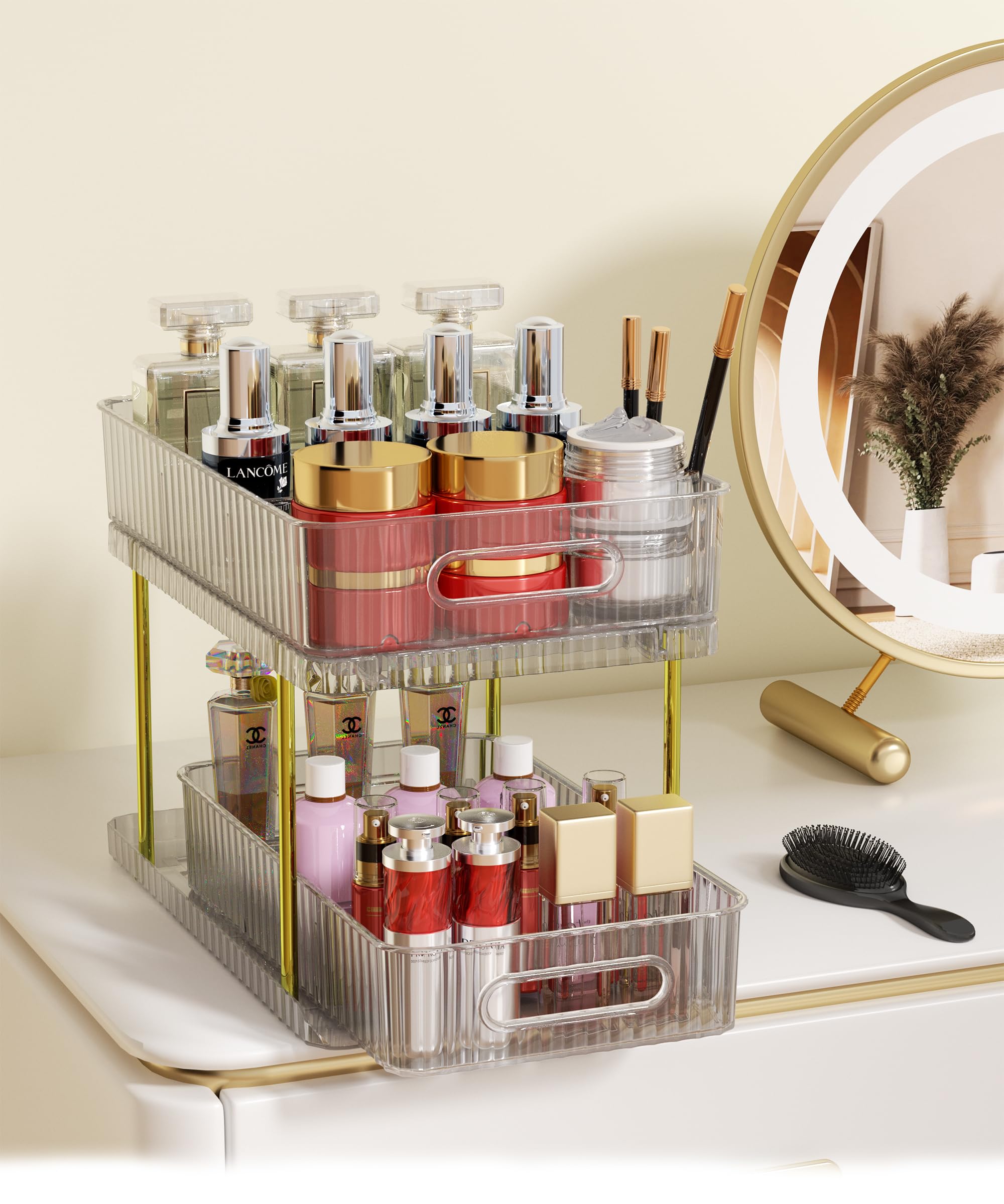 2-Tier Clear Acrylic Makeup and Skincare Organizer with 4 Removable Dividers - Large Vanity Perfume Storage & Pull-Out Bathroom Organizer for Bath, Bedroom, Cabinet - Perfect for Cosmetics, Jewelry and Toiletries Organization