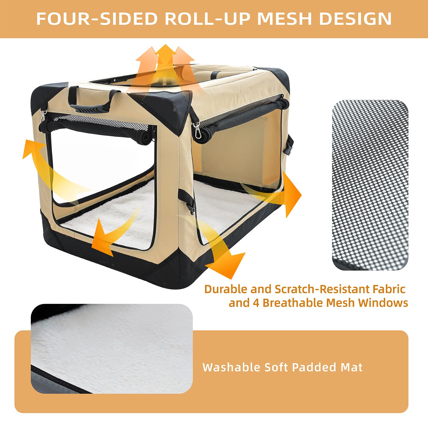 Pettycare 36 Inch Collapsible Dog Crate for Large Dogs - 4-Door Foldable Soft Kennel with Chew Proof Mesh Windows | Indoor & Outdoor Travel Crate for Home, Car, Camping & Vet Visits | Beige Soft-Sided Dog Crate
