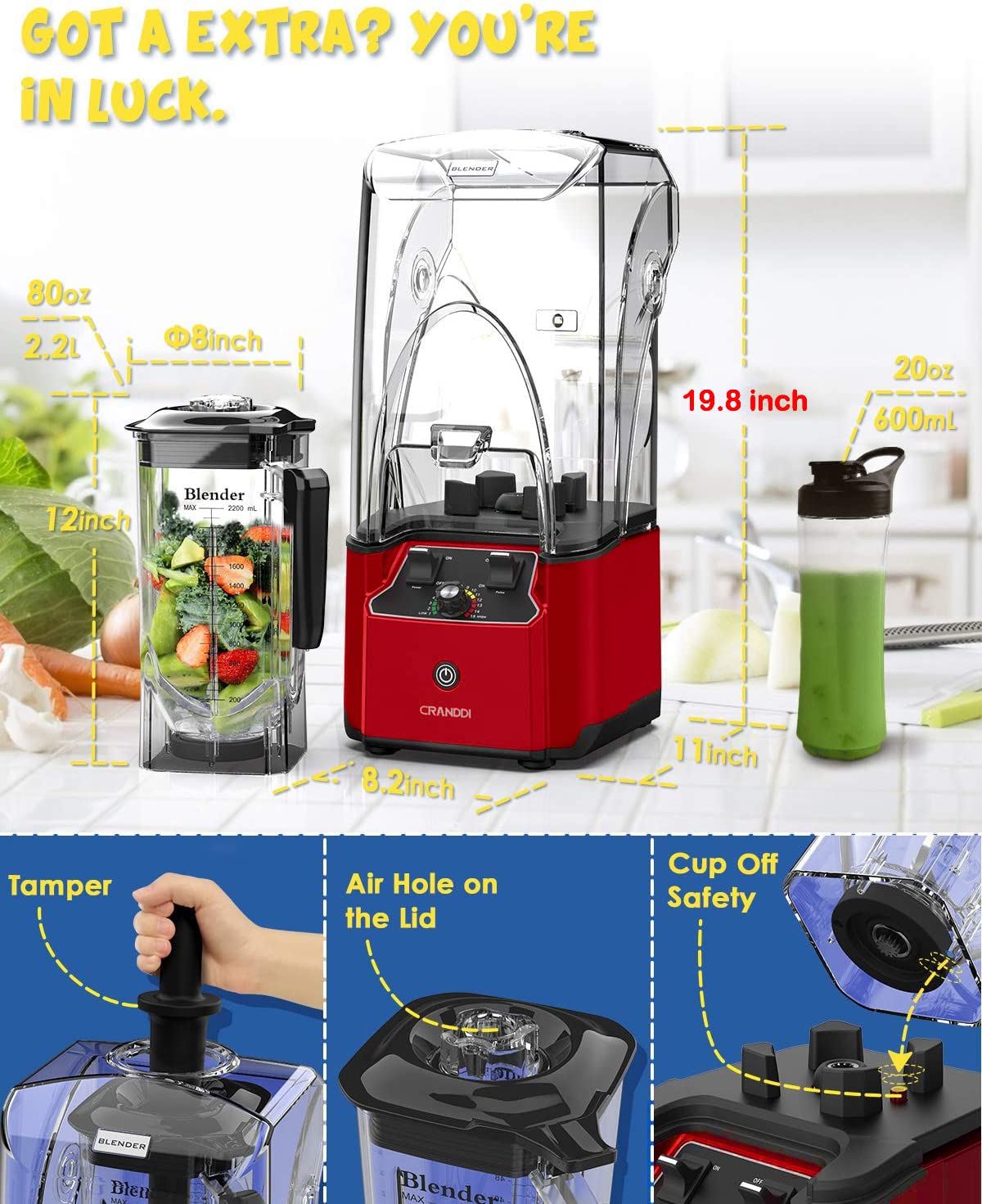 2200W Commercial Quiet Blender - Professional Countertop Blender with BPA-Free 80oz Pitcher, 15-Speed & Pulse Control - Ideal for Smoothies, Juices, Soups - Perfect for Restaurants, Cafes & Home Kitchens (K90 Red)