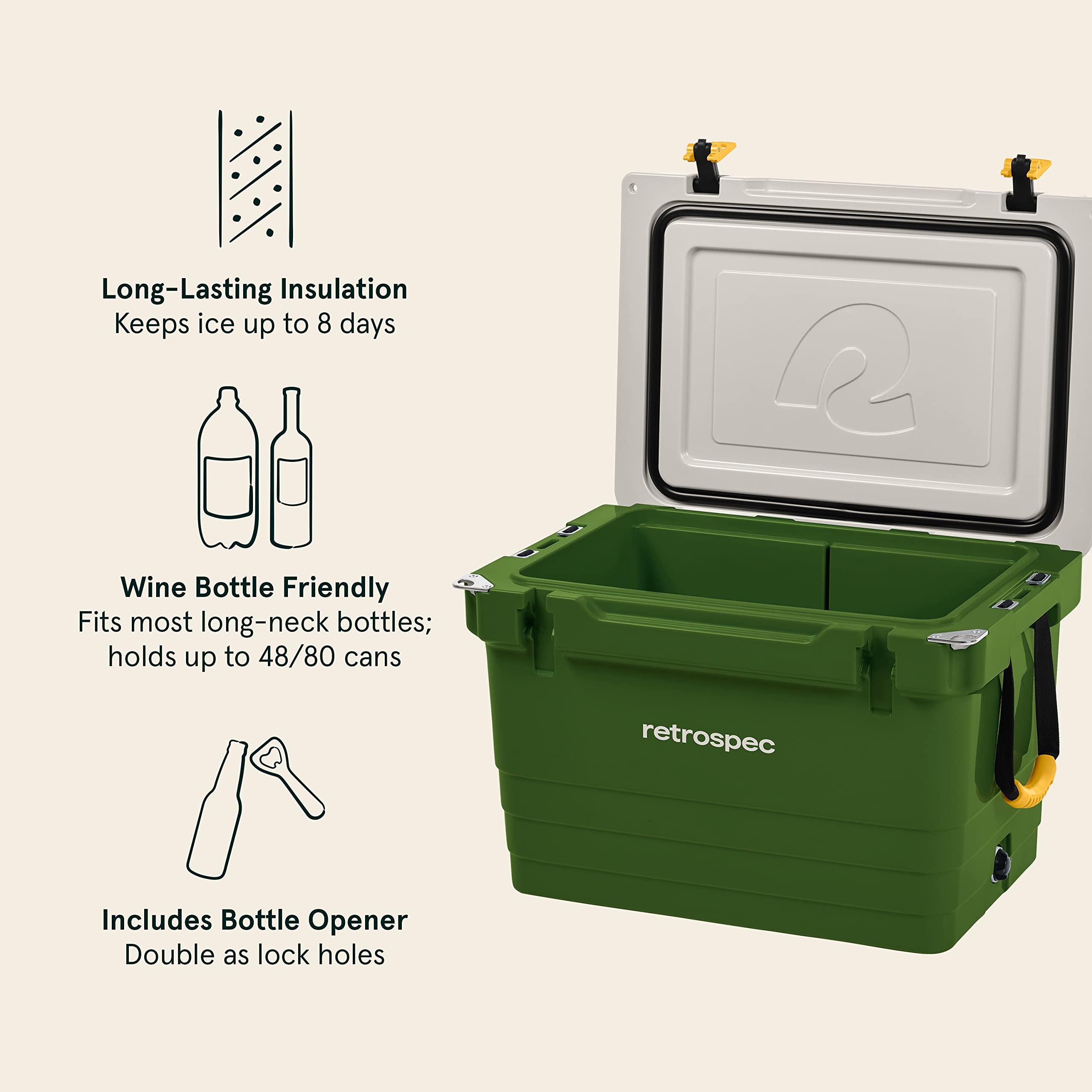 Retrospec Palisade Rotomolded Cooler - 25/45/65qt Fully Insulated Ice Chest with Built-in Bottle Opener | Heavy-Duty Portable Cooler for Beach, Camping, Travel & Tailgating | Includes Tie-Down Slots & Dry Storage Basket | Perfect for Outdoor Adventures, Picnics & Road Trips