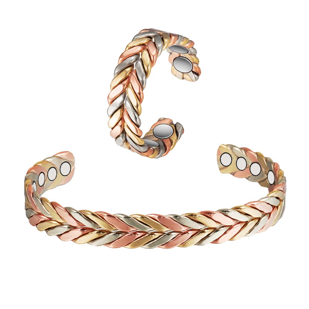 Pure Copper Magnetic Bracelet for Women - Adjustable Three-Color Gold Braid Fashion Jewelry, Arthritis Pain Relief & Wellness Gift (Ideal for Yoga, Meditation & Daily Wear)