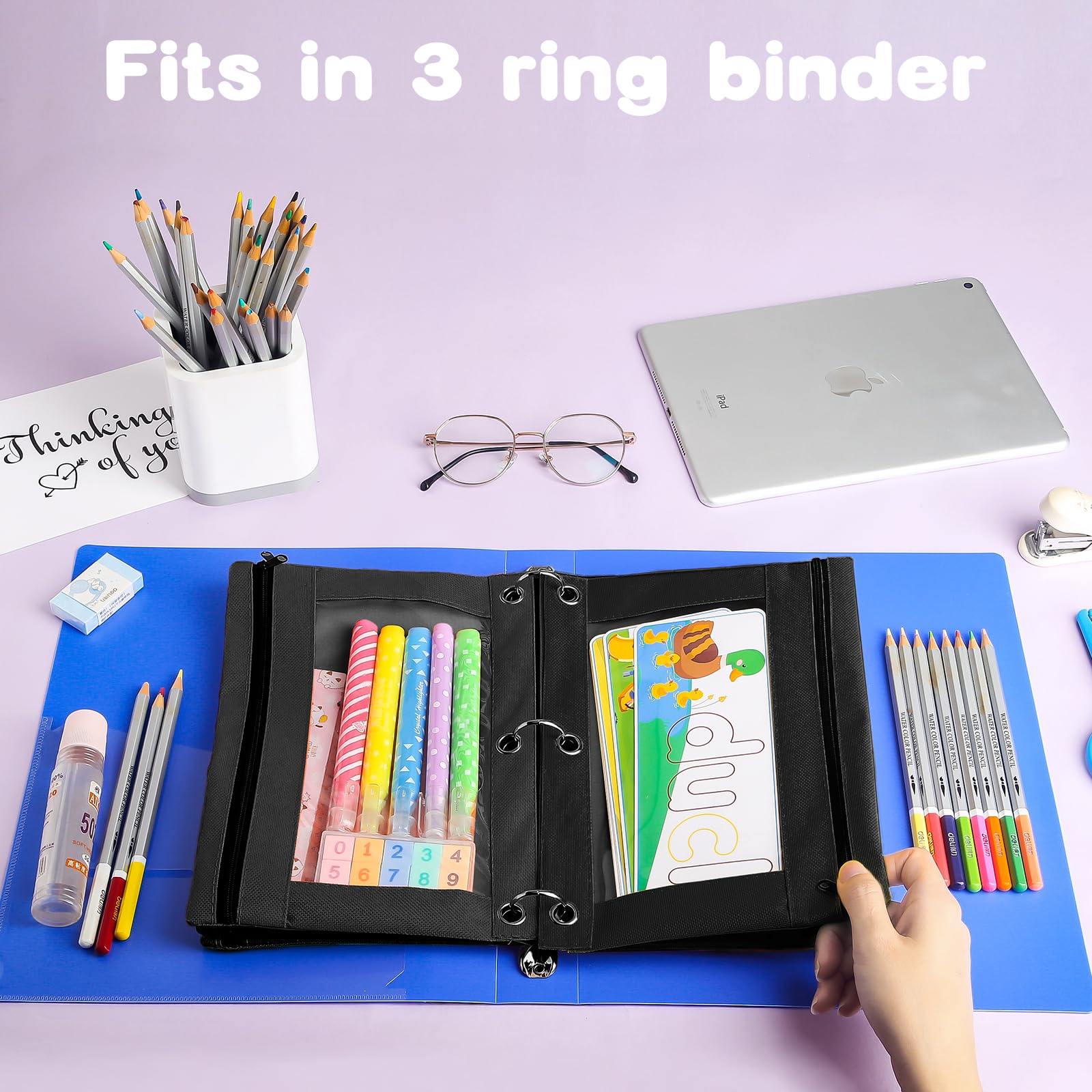 Zipper Pencil Case with Clear Window - 3 Hole Binder Pouch for Office Supplies, School Stationery & Art Tools (Pack of 12) - Perfect for Organizing Pens, Markers & Small Accessories in Binders, Backpacks & Work Desks