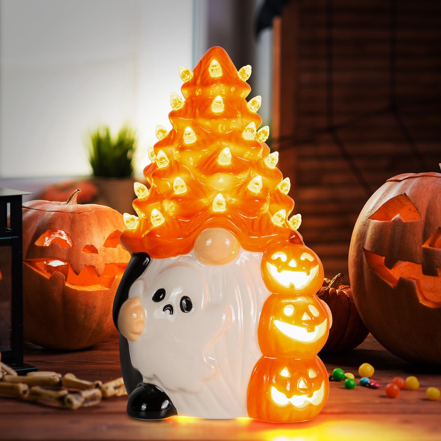 **Ceramic Gnome Halloween Decorations - Orange Pumpkin Gnome with LED Light, Black Table Centerpiece for Indoor Home & Bedroom Decor - Perfect for Halloween Parties, Fall Table Settings & Cozy Seasonal Displays**