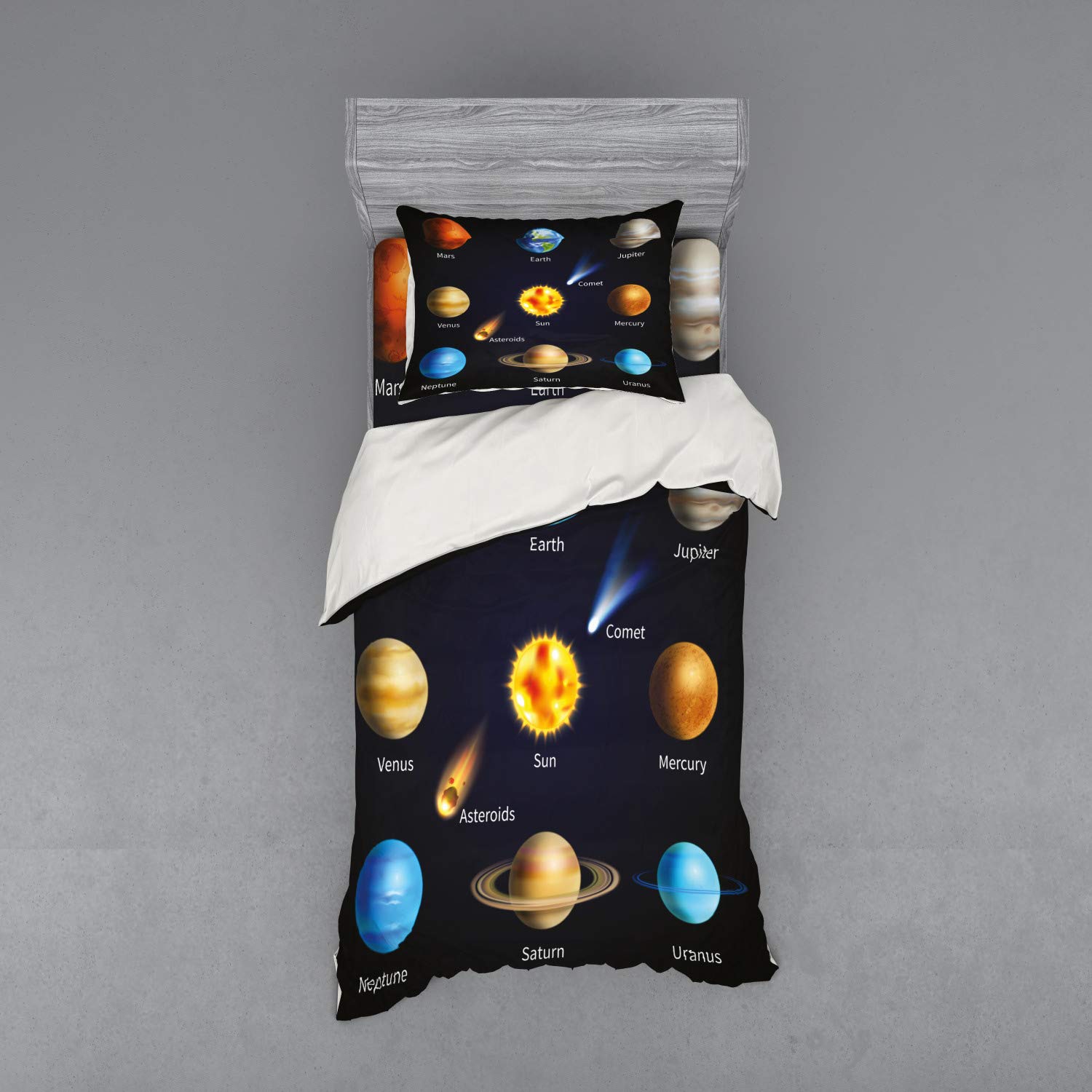 Ambesonne Solar System Bedding Set - 3 Piece Twin XL Duvet Cover with Sham & Fitted Sheet - Realistic Planets, Asteroids, Comets Space Theme - Perfect for Astronomy Lovers & Kids' Room Decor