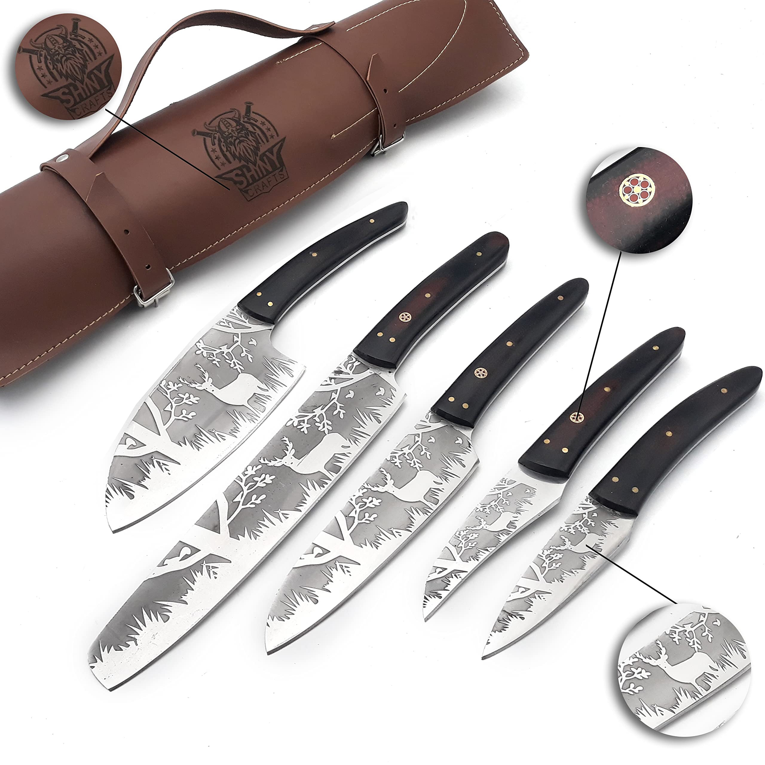 Premium Handmade Etched Forest Kitchen Knife Set - D2 Steel Blade, Wood Handle, Leather Pouch Roll - High Tempered Razor-Sharp Chef Knives for Professional Cooking & Outdoor Camping (CS-02)