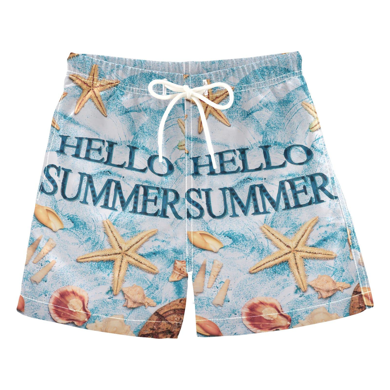 Quick Dry Boys Swim Trunks for Teens & Toddlers - Hello Summer Starfish Seashells Design | Beach, Pool & Water Play Outfit