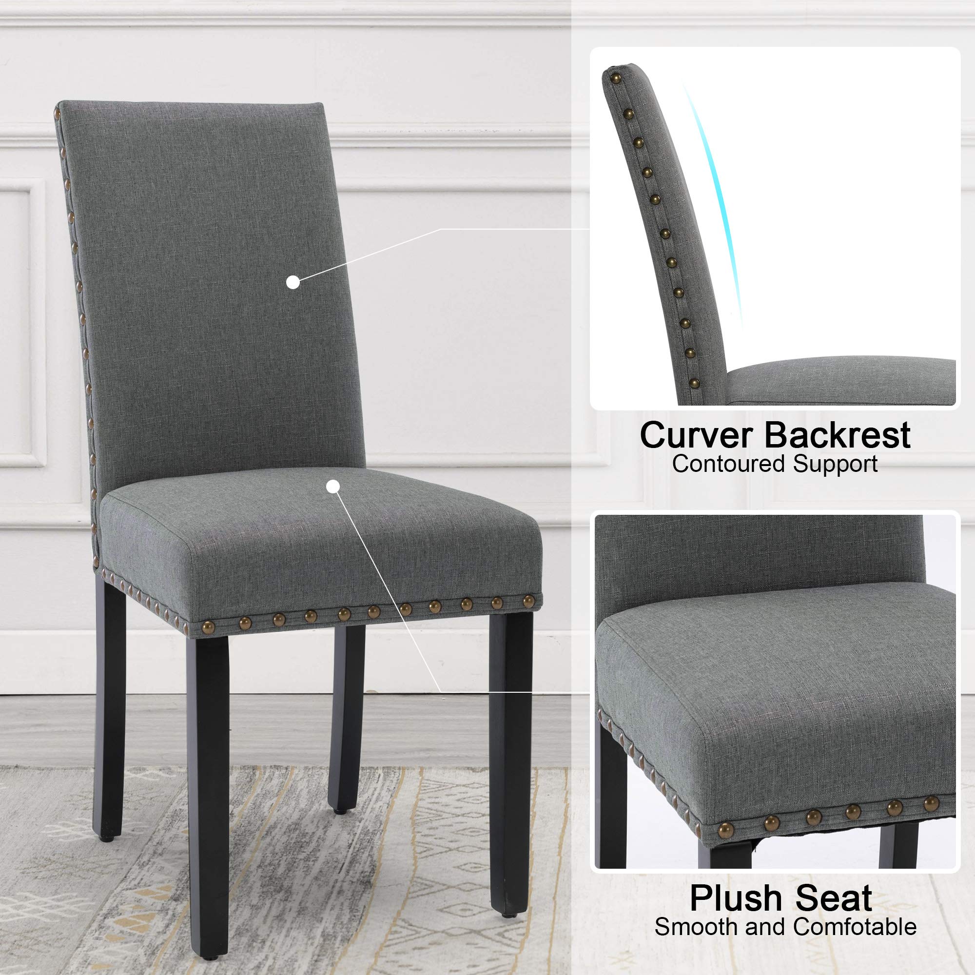 LSSBOUGHT Set of 2 Grey Upholstered Dining Chairs with Studded Nailhead Trim & Sturdy Wooden Legs - Elegant Parson Chairs for Dining Room, Kitchen, or Home Office