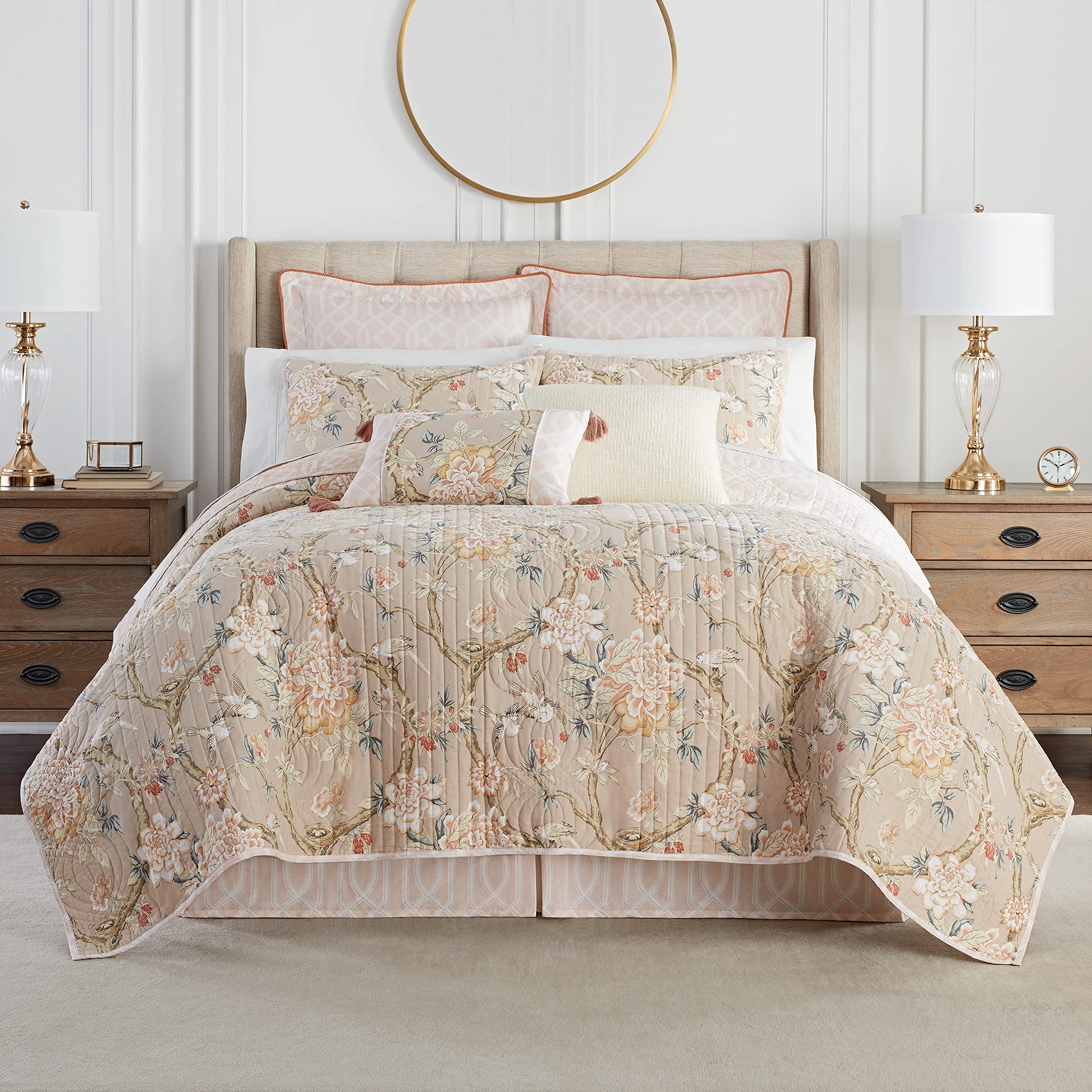 Waverly Peony Gardens 3-Piece Cotton Quilt Set - All Season Embellished Bedding with Quilt, Bed Skirt & Pillow Sham - Machine Washable Twin Size in Taupe - Perfect for Guest Rooms, Dorm Decor & Cozy Bedroom Makeovers