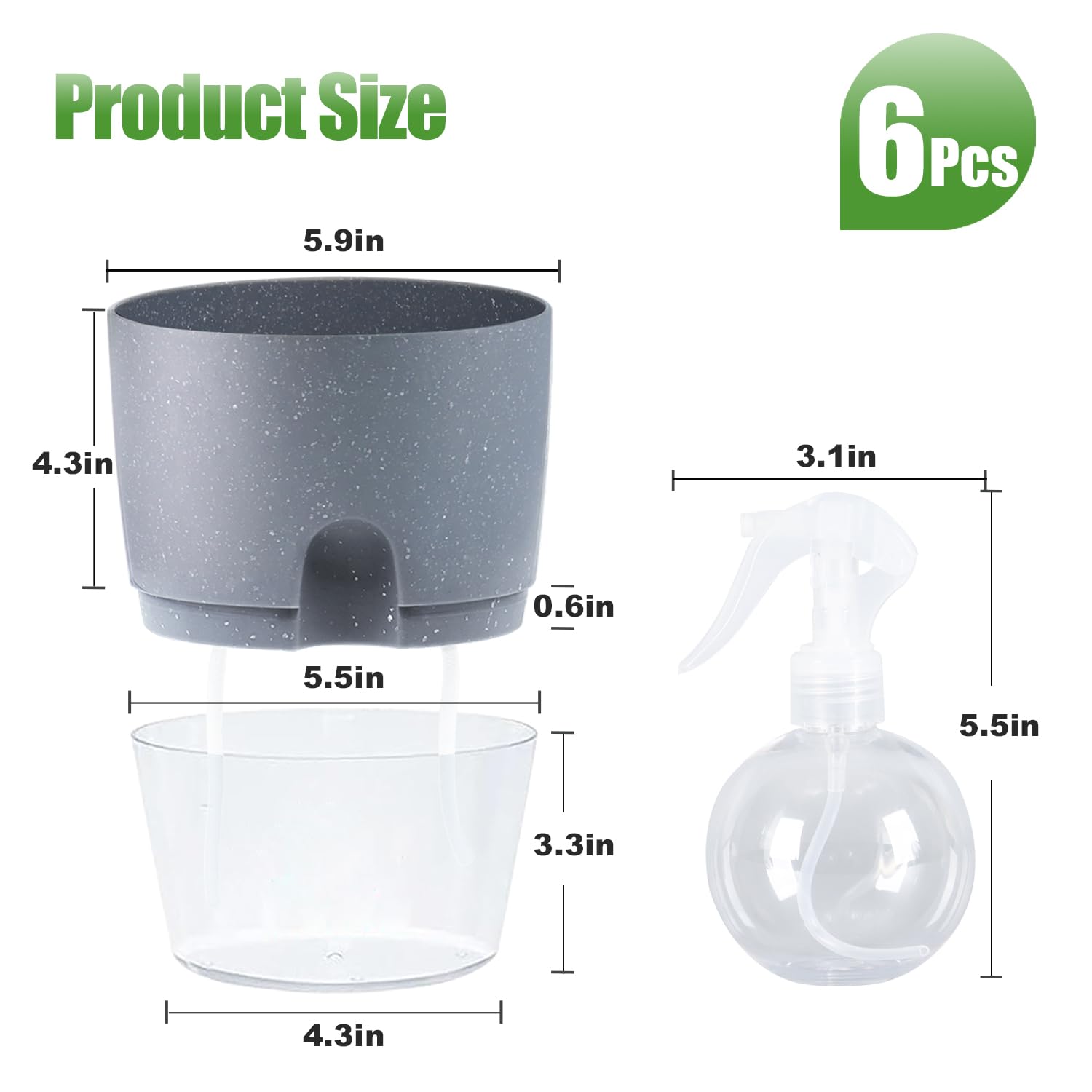 6 Pack Self Watering Plant Pots for Indoor Plants - 6 Inch Grey Plastic Flower Pots with Drainage Holes & Water Level Indicator, Perfect for African Violets, Herbs, Succulents & All Houseplants (Includes 1 Spray Bottle) - Ideal for Home, Office, Balcony & Garden Decor