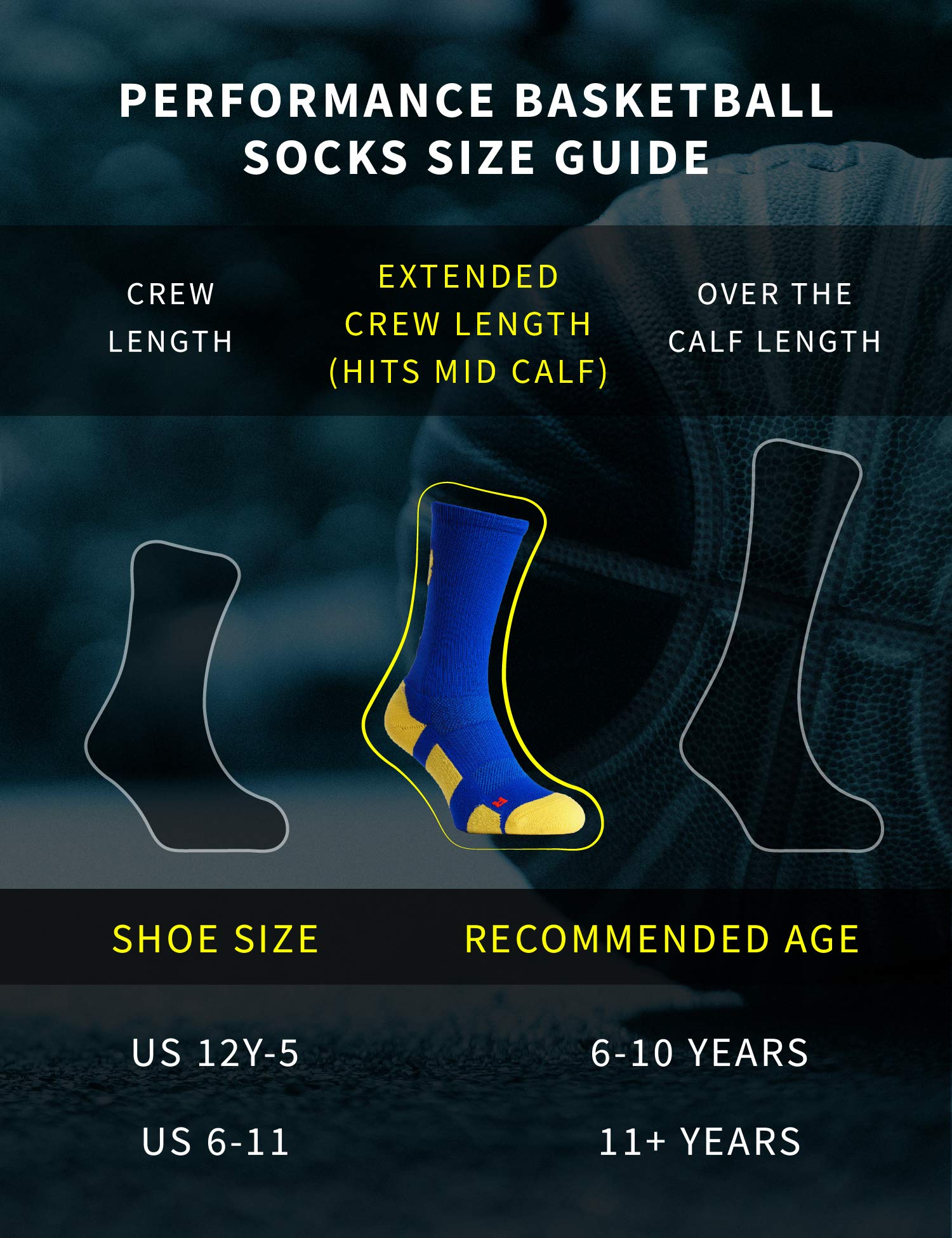 Youth Boys Basketball Socks - High Performance Sports Athletic Crew Socks with Compression Basketball Arm Sleeve - Breathable Moisture Wicking for Basketball, Running, Gym Workouts - Made in USA