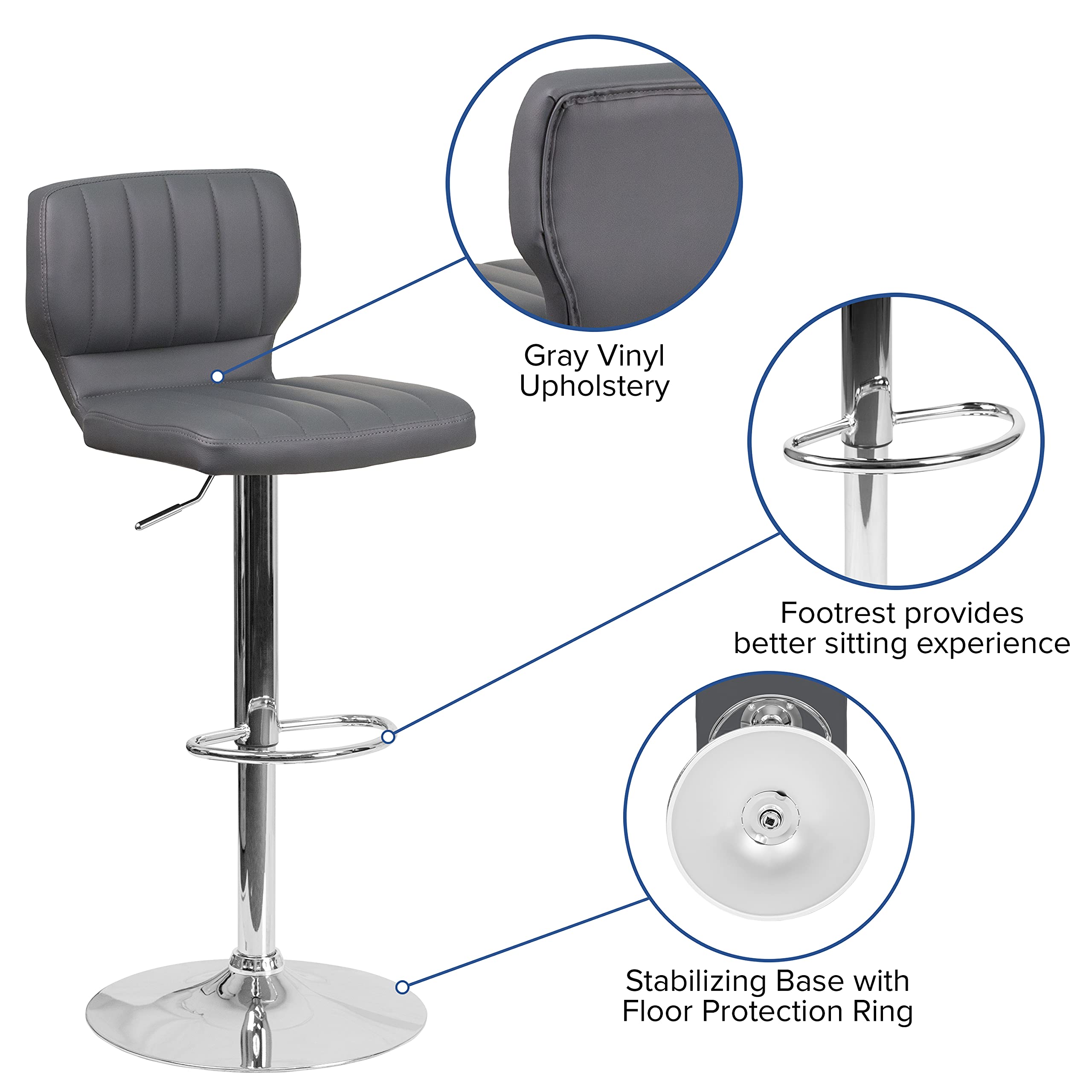 EMMA + OLIVER Adjustable Height Bar Stool with Vinyl Upholstery & Vertical Stitch Back - Gray Modern Kitchen Counter Stool for Dining, Bar, or Breakfast Nook