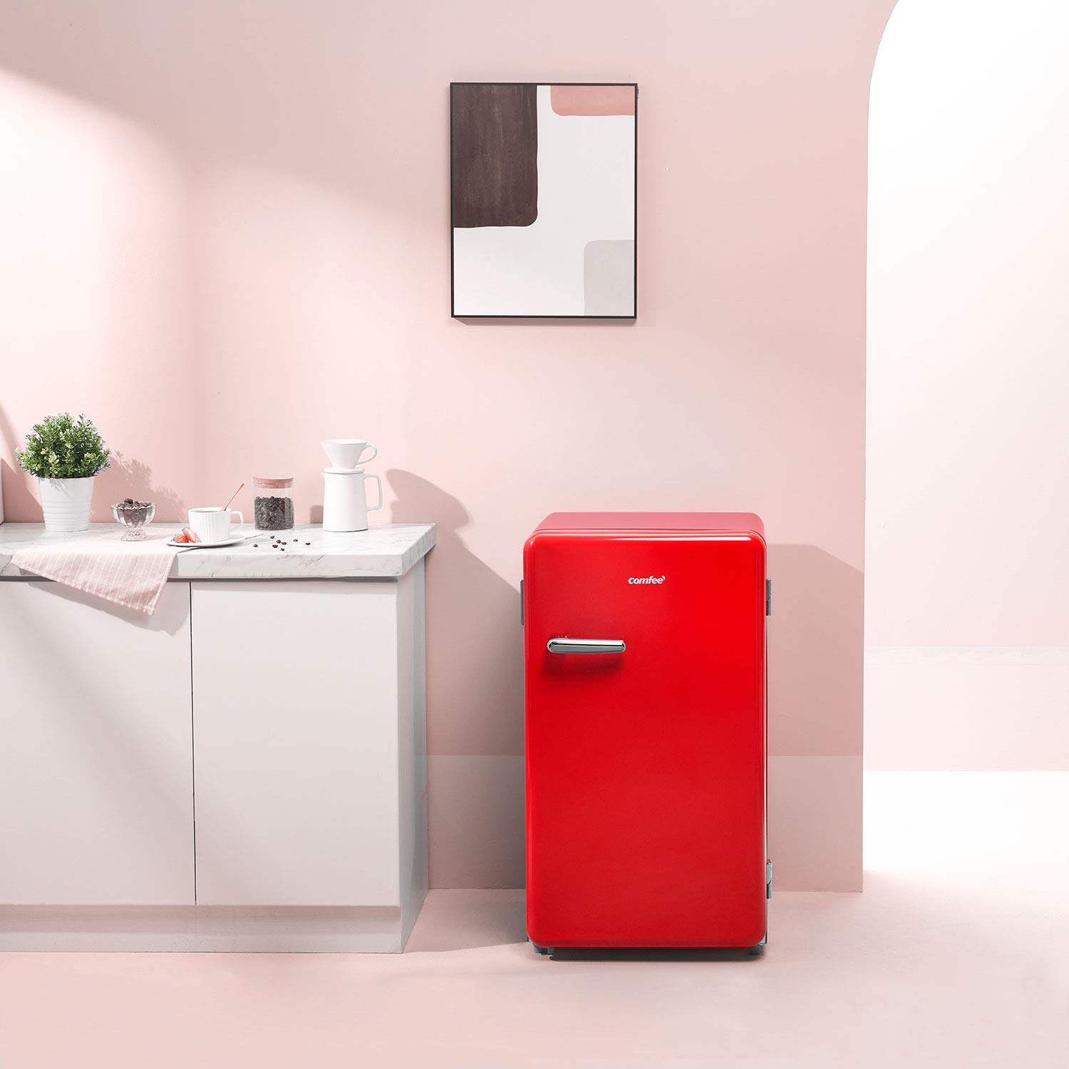 COMFEE' CRR33S3ARD 3.3 Cu Ft Mini Refrigerator - Retro Style Compact Fridge for Bedroom, Dorm, Office, Garage - Adjustable Legs, Energy Efficient, Quiet Operation - Perfect for Small Spaces & Beverage Storage [Red]