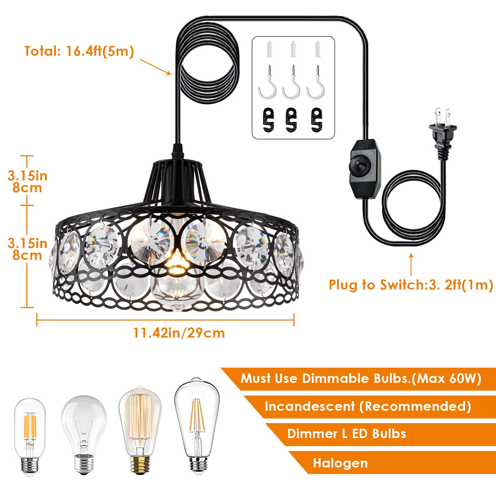 Crystal Pendant Light - Black Industrial Metal Chandelier with 15Ft Cord & On/Off Switch | Modern Hanging Lamp for Kitchen Island, Dining Room, Bedroom | Plug-in Swag Light Fixture (D11.42) for Home Decor & Interior Lighting