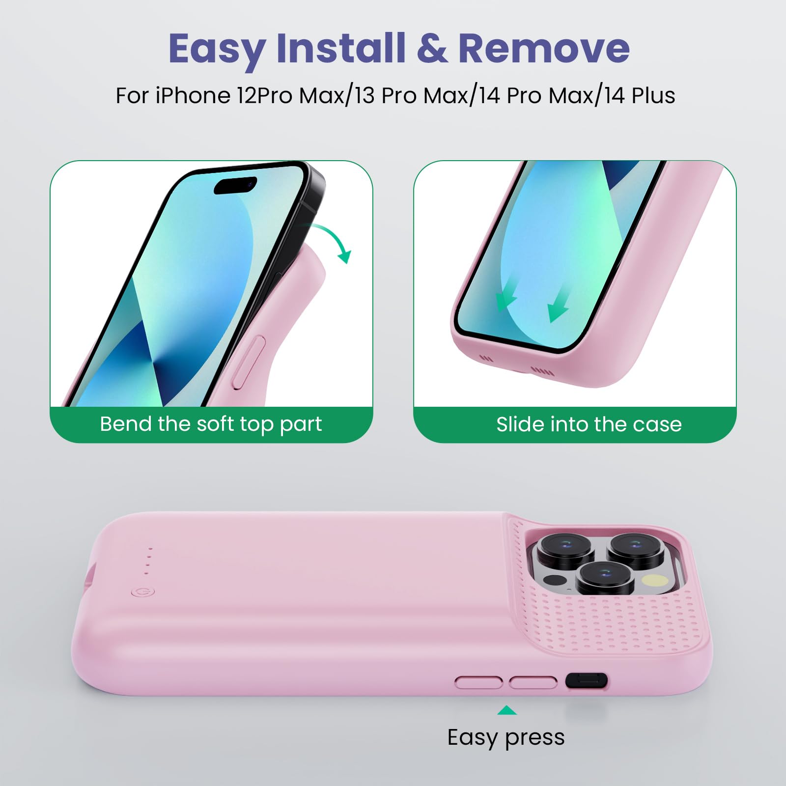 HETP 8600mAh Rechargeable Battery Case for iPhone 12 Pro Max/13 Pro Max/14 Pro Max/14 Plus - Portable External Charger & Power Bank (Pink) | Perfect for Travel, Outdoor Activities & Emergency Charging