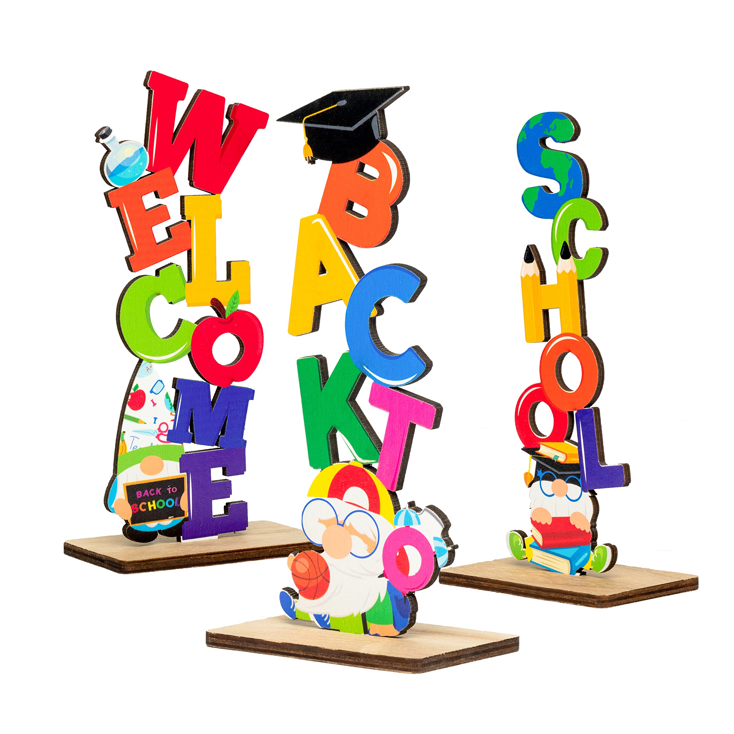 WATINC 3-Piece Welcome Back to School Wooden Table Decor Set - First Day of School Sign, Desk Topper & Photo Prop for Classroom Decorations, Kids Party Centerpieces - Perfect for Back-to-School Celebrations, Teacher Welcome Gifts and Classroom Photo Booths