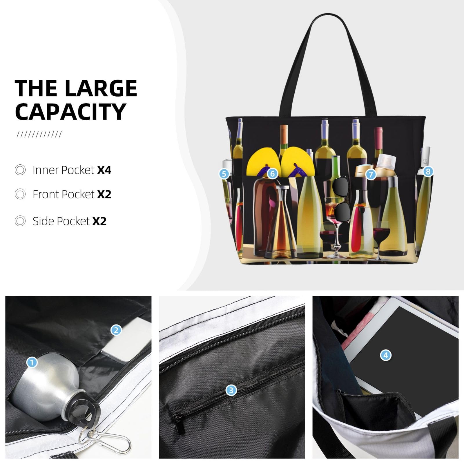 **Waterproof Gym Shoulder Bag with Cocktail & Wine Print - Large Fashion Beach Tote for Women, Summer Travel, Work & Shopping (Black, One Size)**    *Perfect for gym, beach trips, travel, work, shopping & casual outings!*