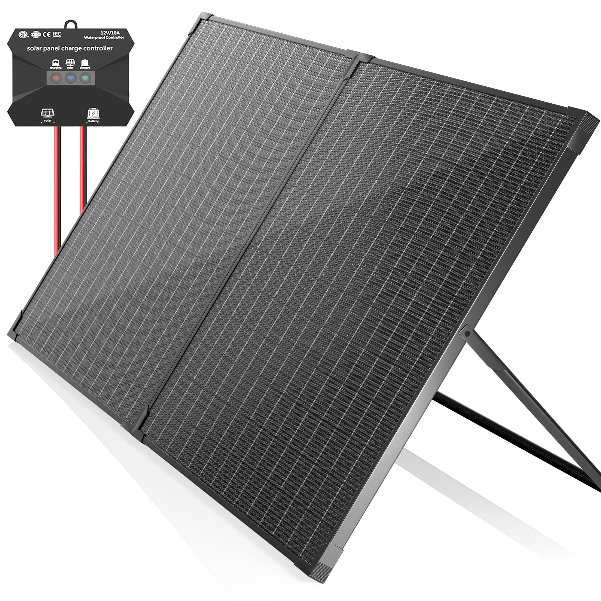 100W 12V Portable Solar Panel Kit with Waterproof 10A Charge Controller | Foldable 100 Watt Solar Charger Suitcase with H-Bracket | Compatible with Power Stations, Cars, RVs, Boats | Perfect for Camping, Off-Grid Living & Emergency Power Supply