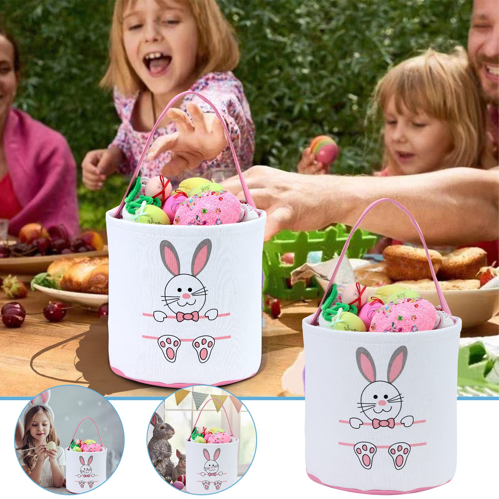 Easter Bunny Basket Egg Bags for Kids - Personalized Canvas Cotton Candy Egg Basket with Rabbit Print & Fluffy Tail - Perfect for Easter Egg Hunts, Party Favors, and Spring Gift Giving